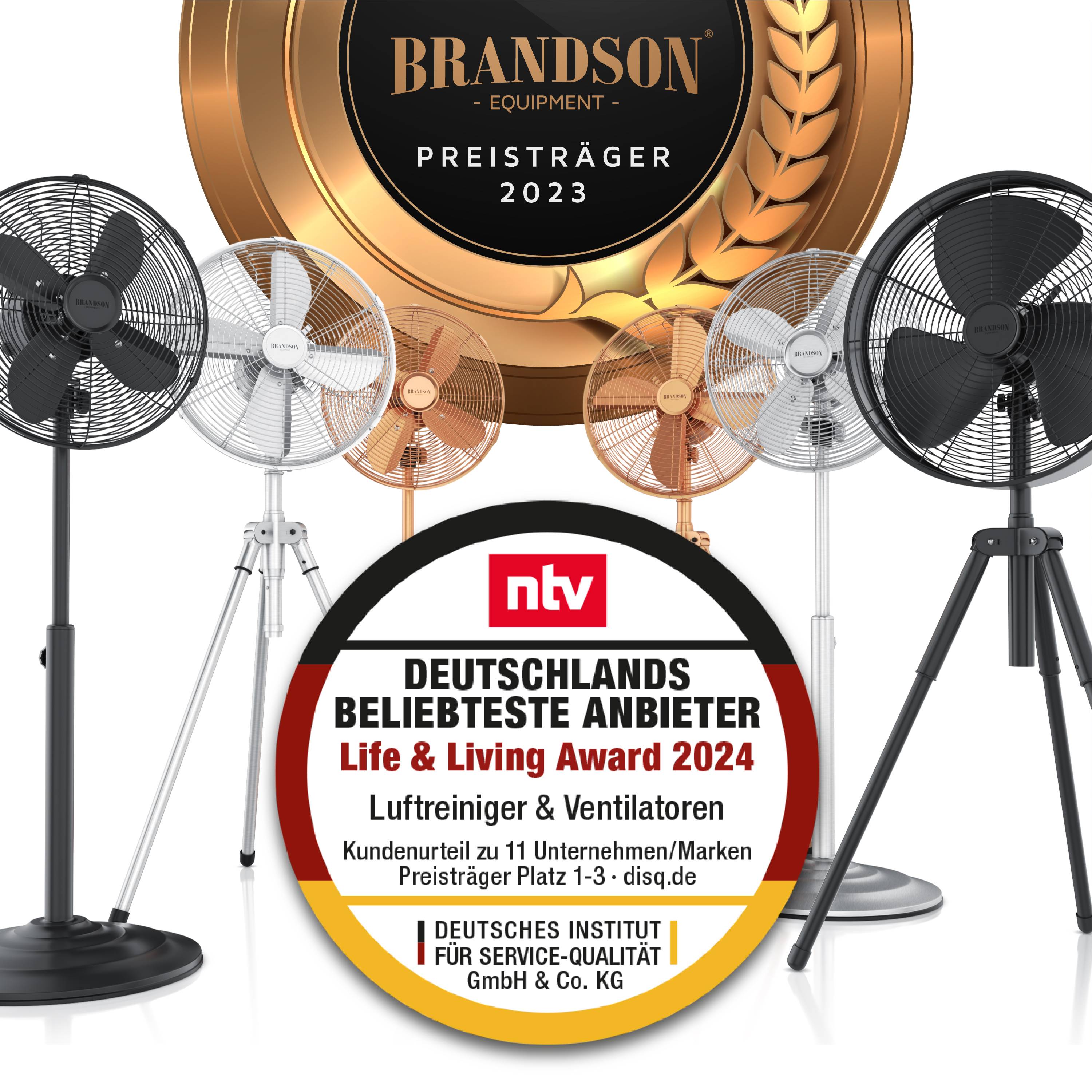 Brandson Standventilator 45 cm, 3 Geschwindigkeiten, Ventilator mit Dreibein-Stativ, 60 Watt, oszillierend, Silber