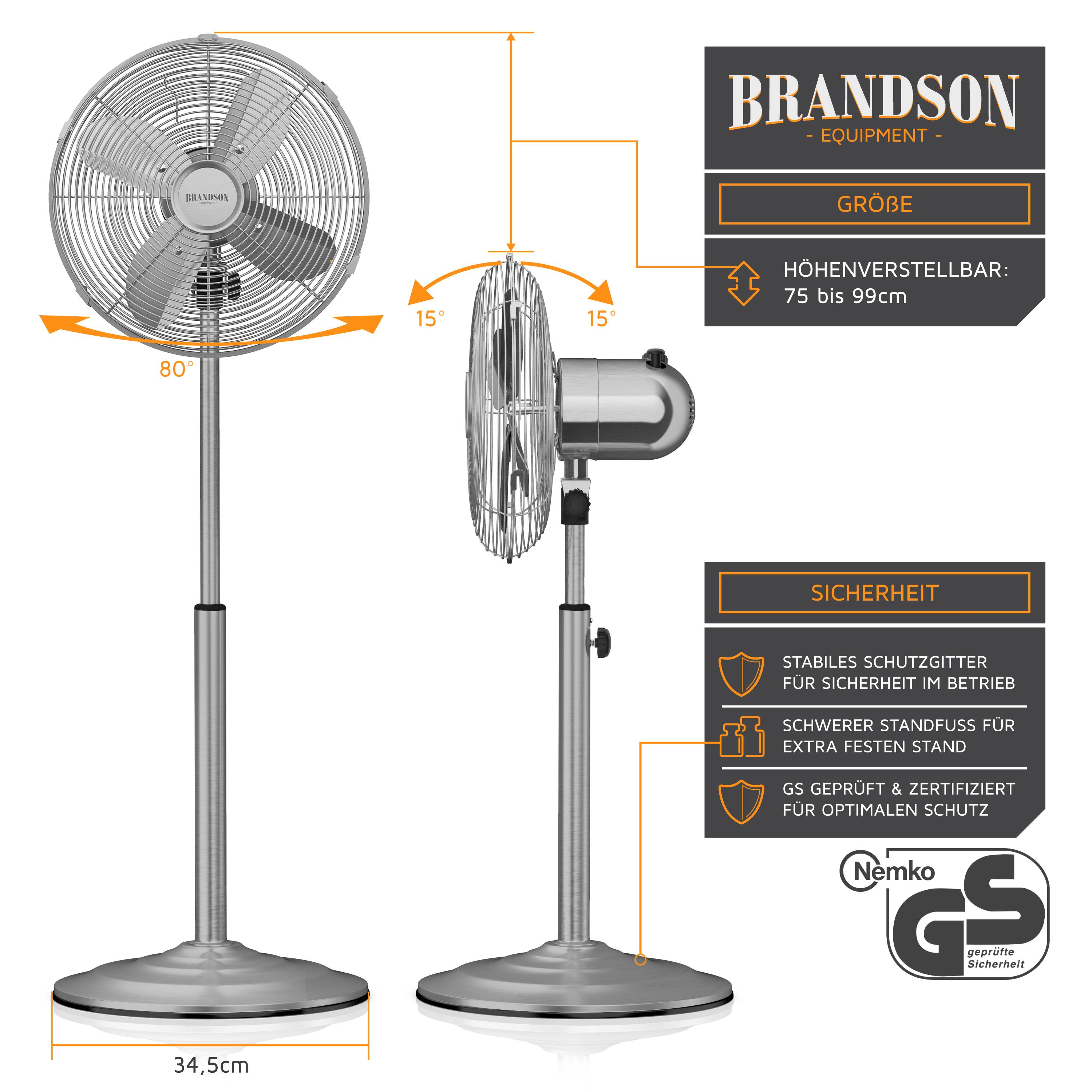 Brandson Standventilator 35W mit Oszillation 80 Grad im Chrom Design, höhenverstellbarer Standfuß, 30 Grad neigbar