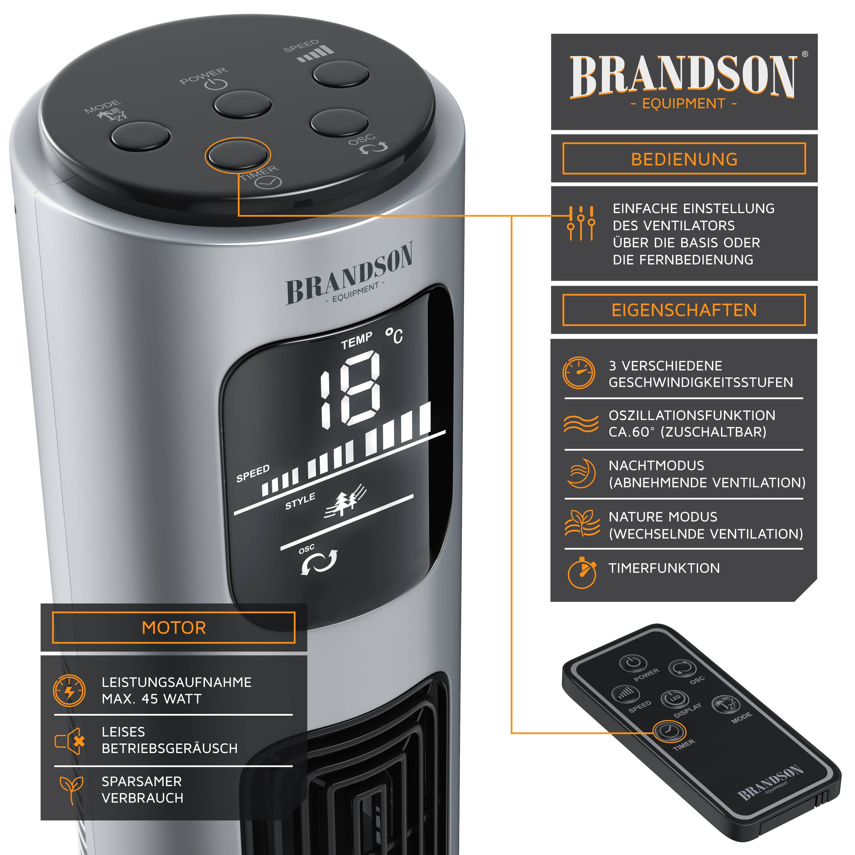 Brandson 96 cm Turmventilator mit Fernbedienung, mobiler Lüfter leise, Standventilator mit Oszilation, Ventilator