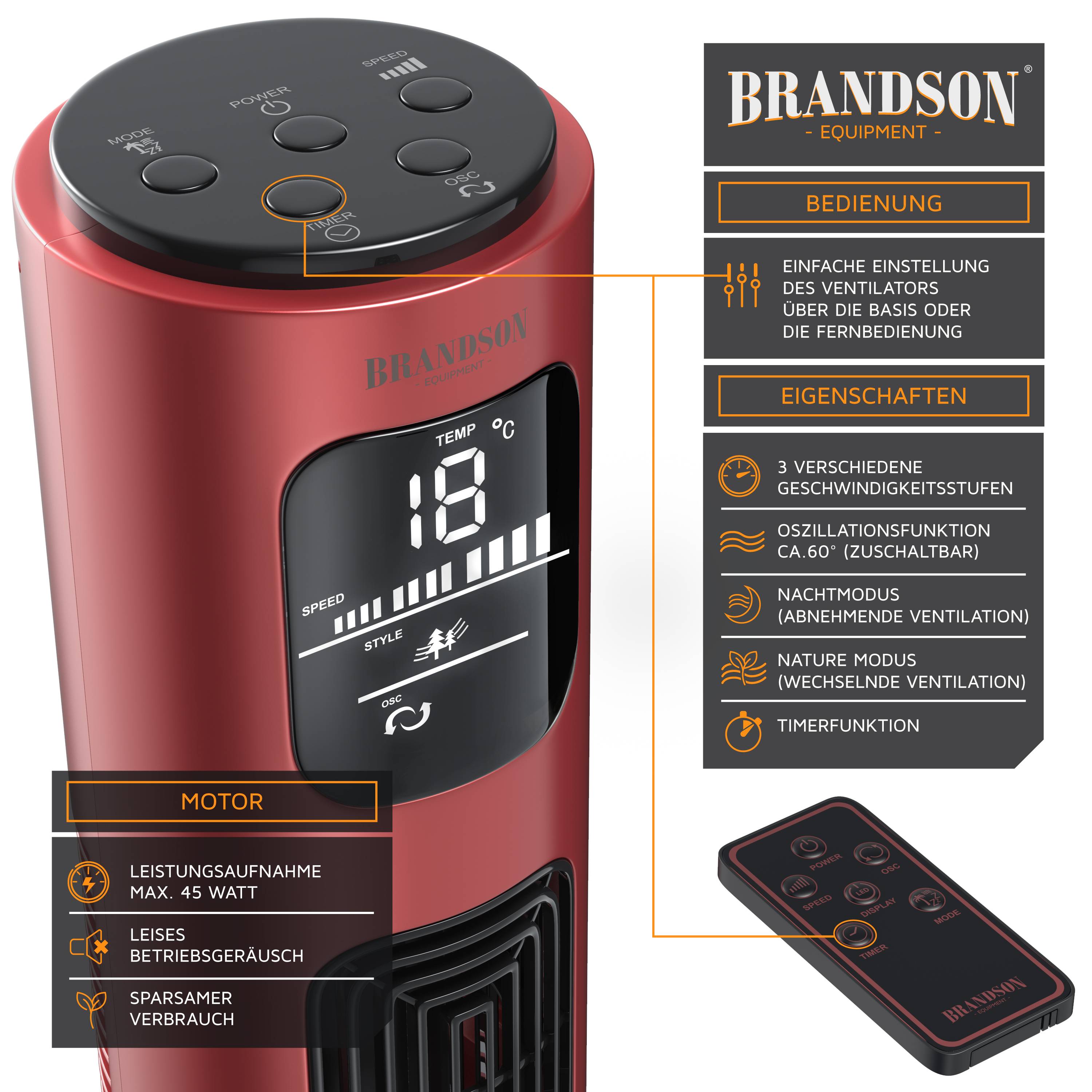 Brandson Turmventilator, 60° oszillierend, Standventilator inkl. Fernbedienung, mobiler Lüfter, Säulenventilator, 96 cm