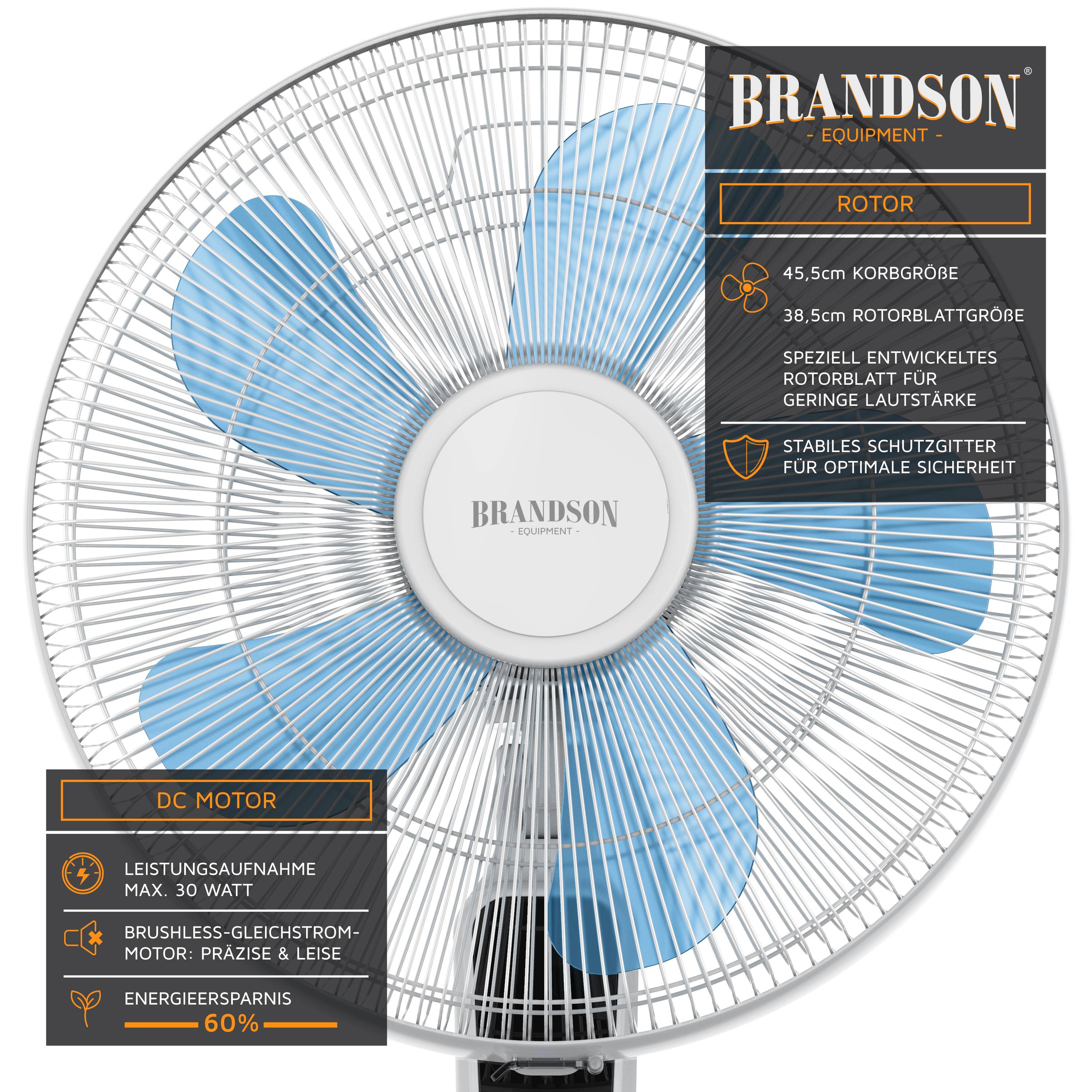 Brandson Standventilator DC Motor & Fernbedienung, Oszillation, Ventilator leise, Höhe verstellbar, energiesparend, Weiß