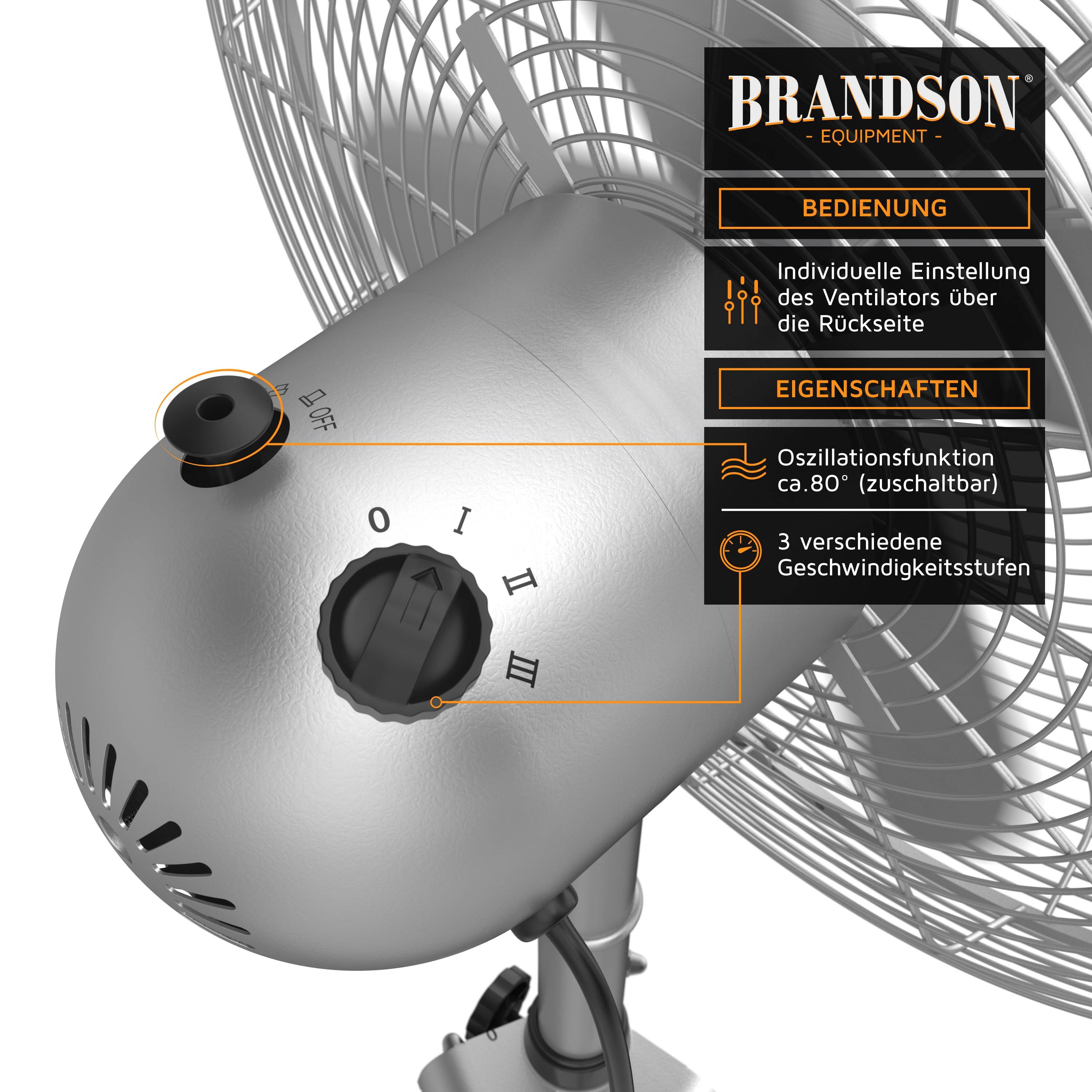Brandson Standventilator 45 cm, 3 Geschwindigkeiten, Ventilator mit Dreibein-Stativ, 60 Watt, oszillierend, Silber