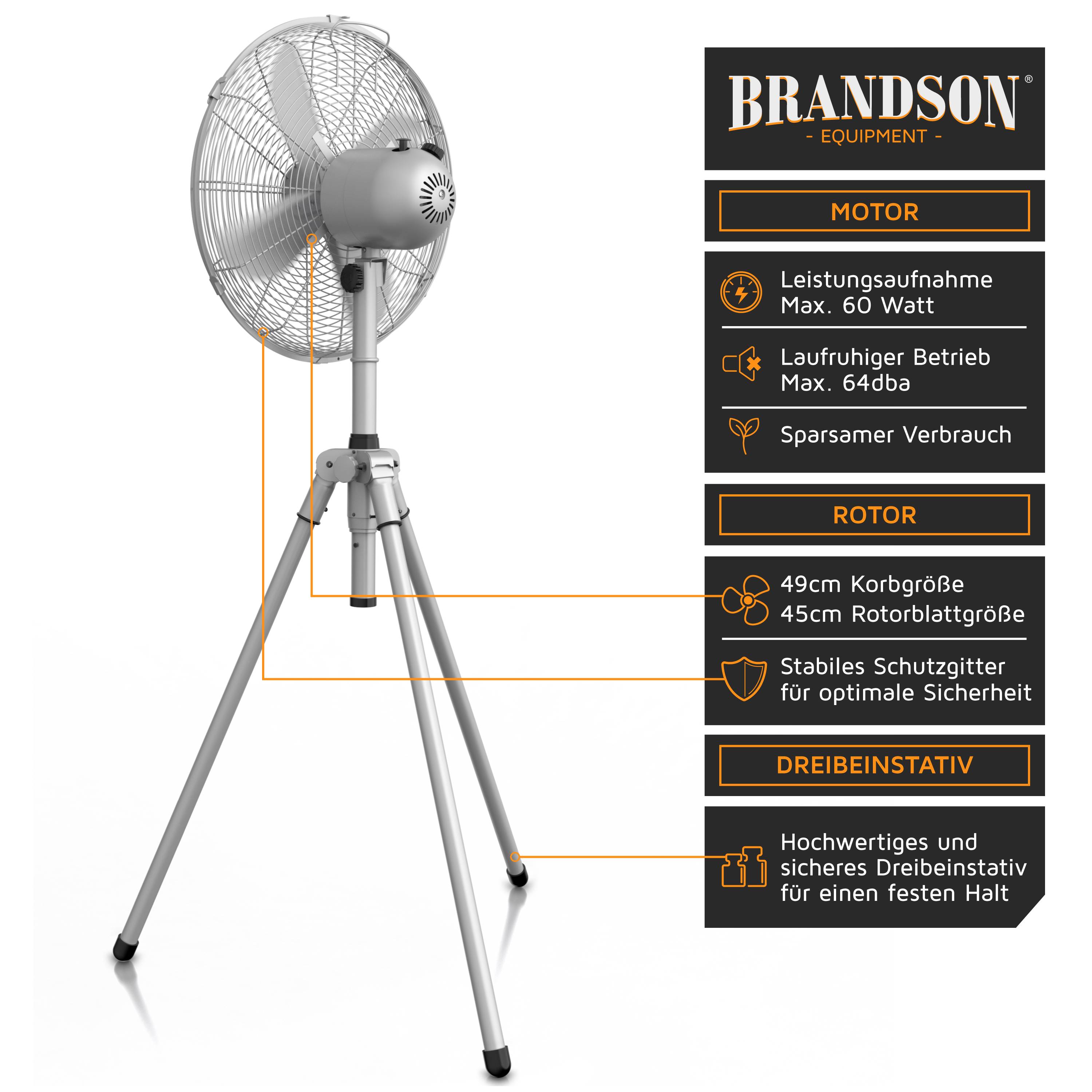 Brandson Standventilator 45 cm, 3 Geschwindigkeiten, Ventilator mit Dreibein-Stativ, 60 Watt, oszillierend, Silber