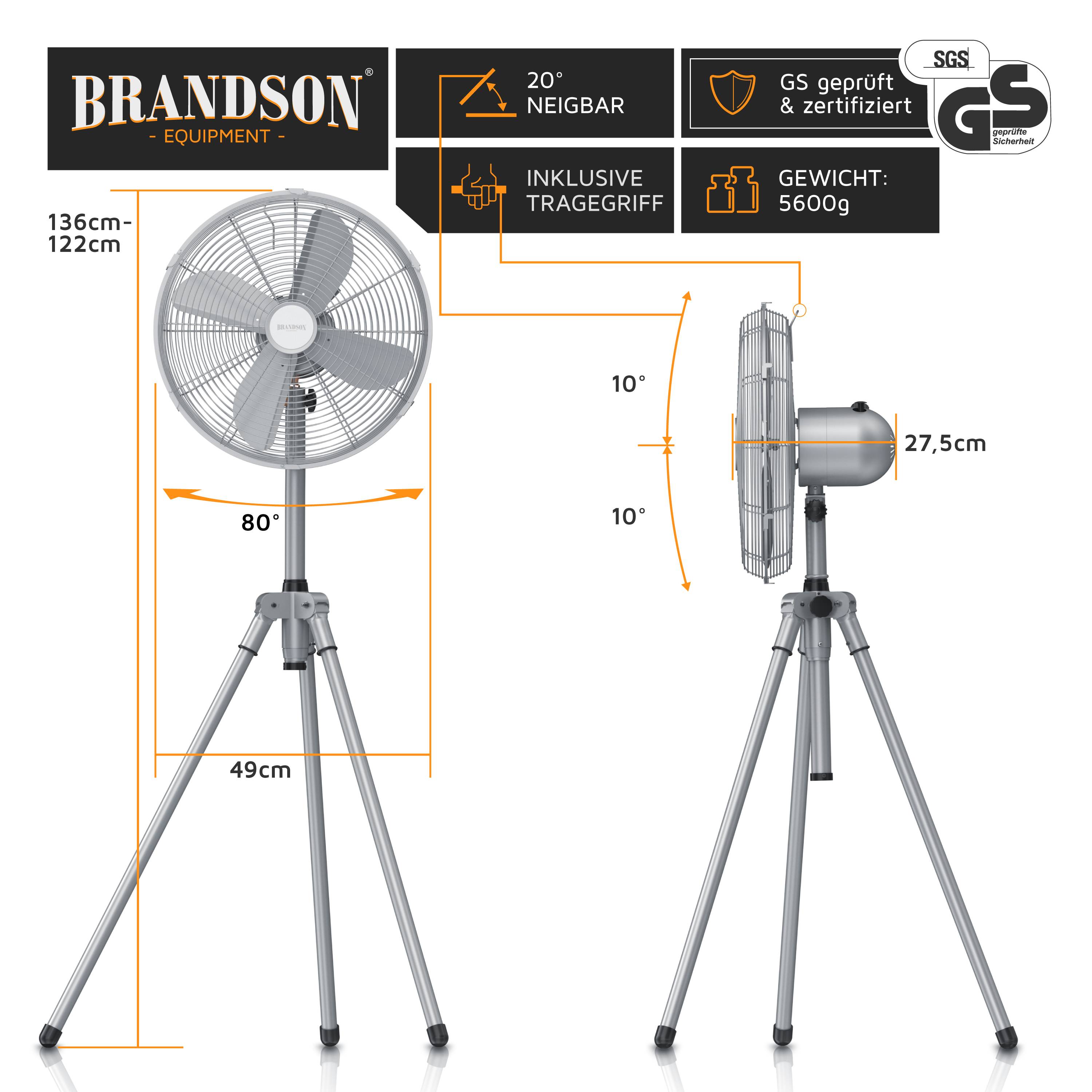 Brandson Standventilator 45 cm, 3 Geschwindigkeiten, Ventilator mit Dreibein-Stativ, 60 Watt, oszillierend, Silber