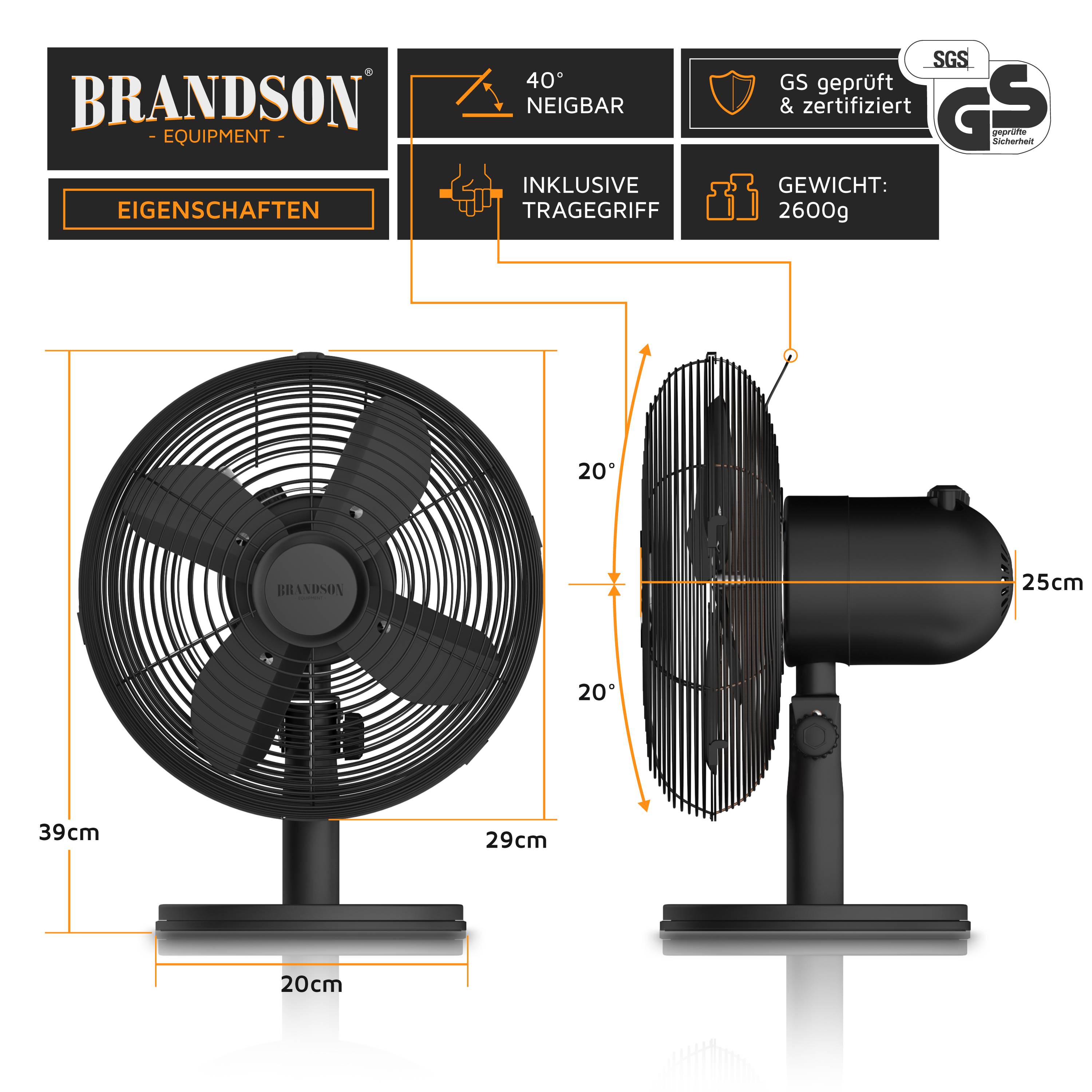 Brandson Tischventilator Design Retro, Ventilator, 80° oszillierend, ca. 40° neigbar, Robustes Vollmetallgehäuse