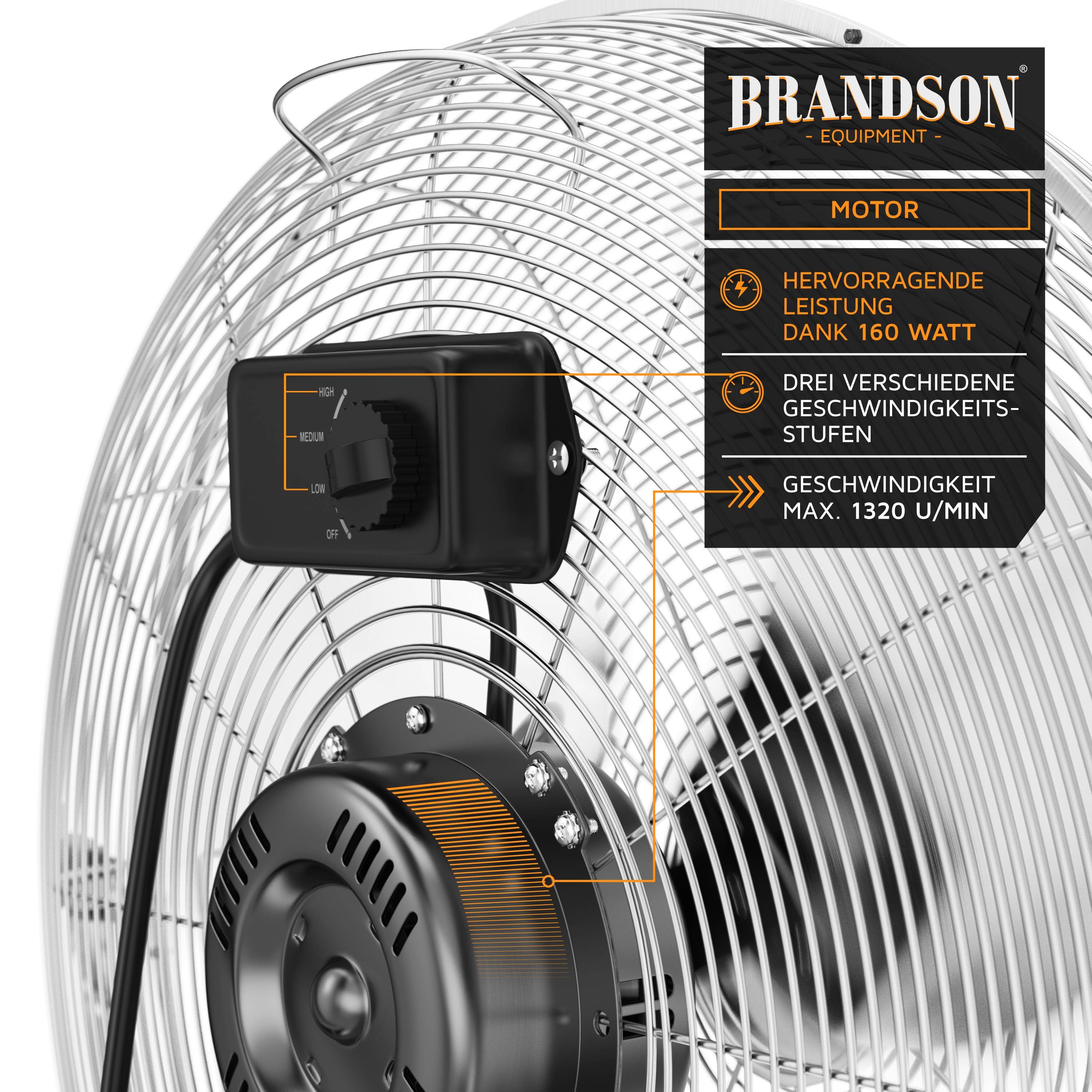 Brandson Windmaschine 53,5cm Ø, Ventilator Retro 160W neigbar, Bodenventilator, hoher Luftdurchsatz, silber