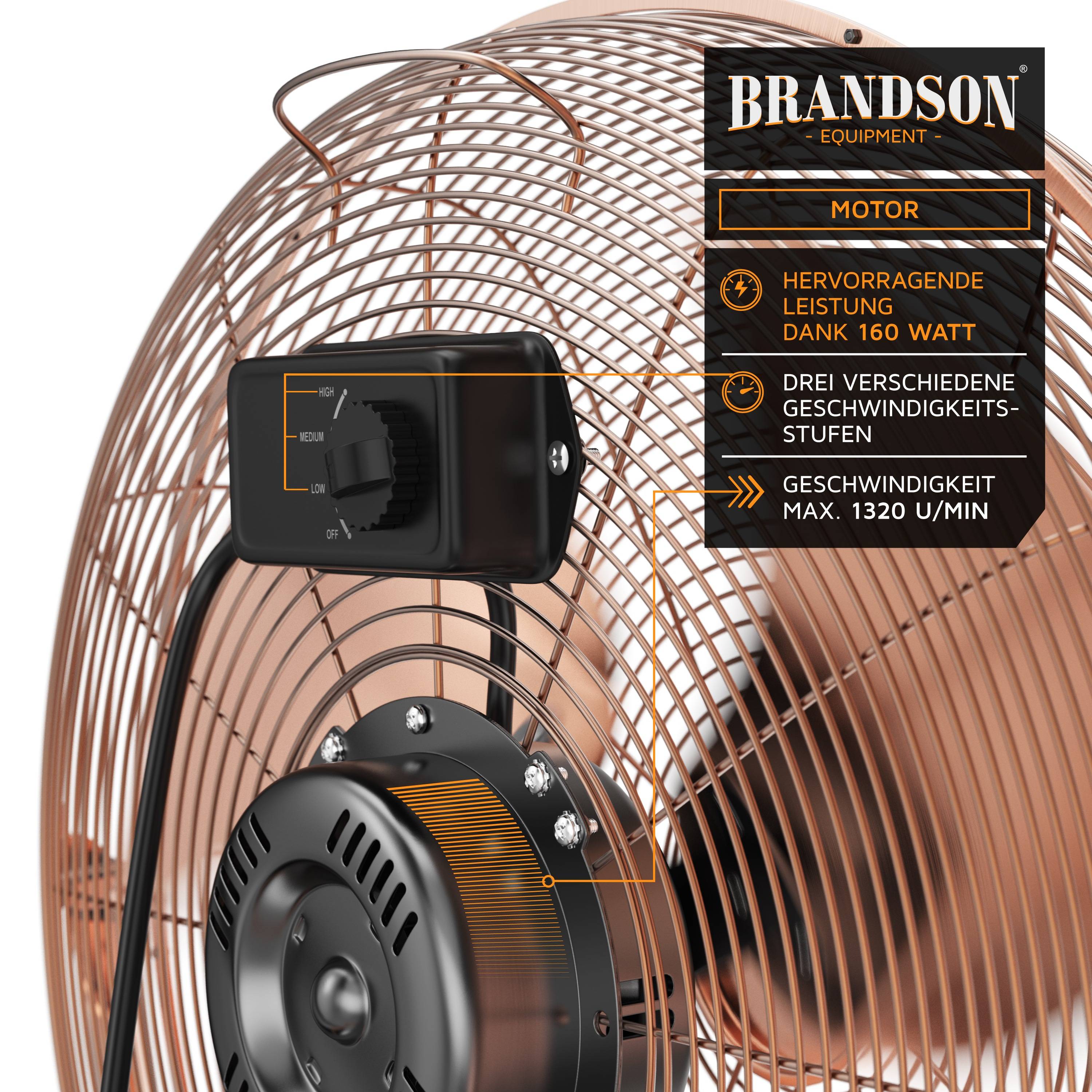 Brandson Windmaschine 160W, Bodenventilator, Ventilator, Standventilator, hoher Luftdurchsatz, stufenlos neigbar, Kupfer