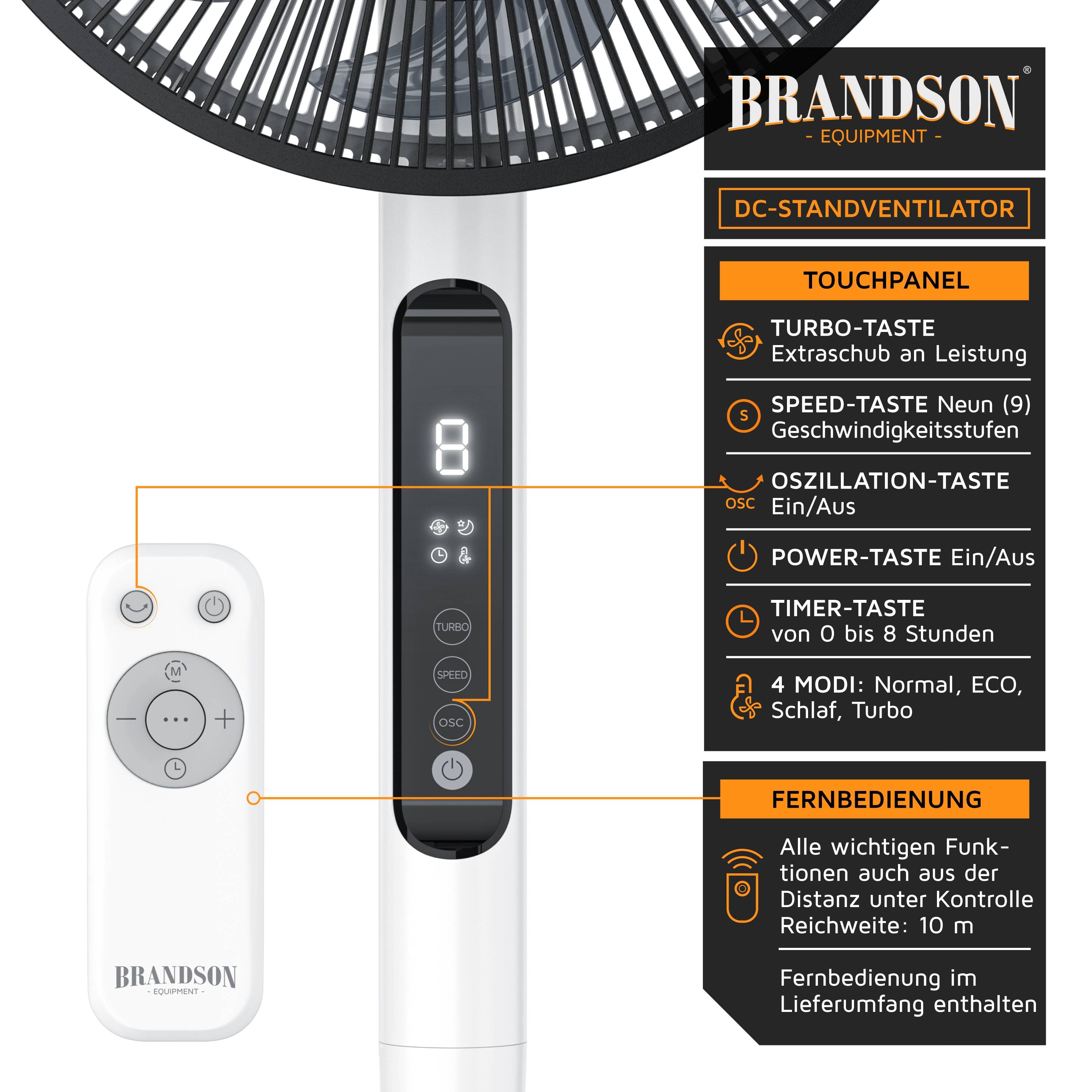 Brandson DC Standventilator energiesparend ECO, Fernbedieung, sehr leise, Oszilation 60° 90° 120°, Ventilator, Timer
