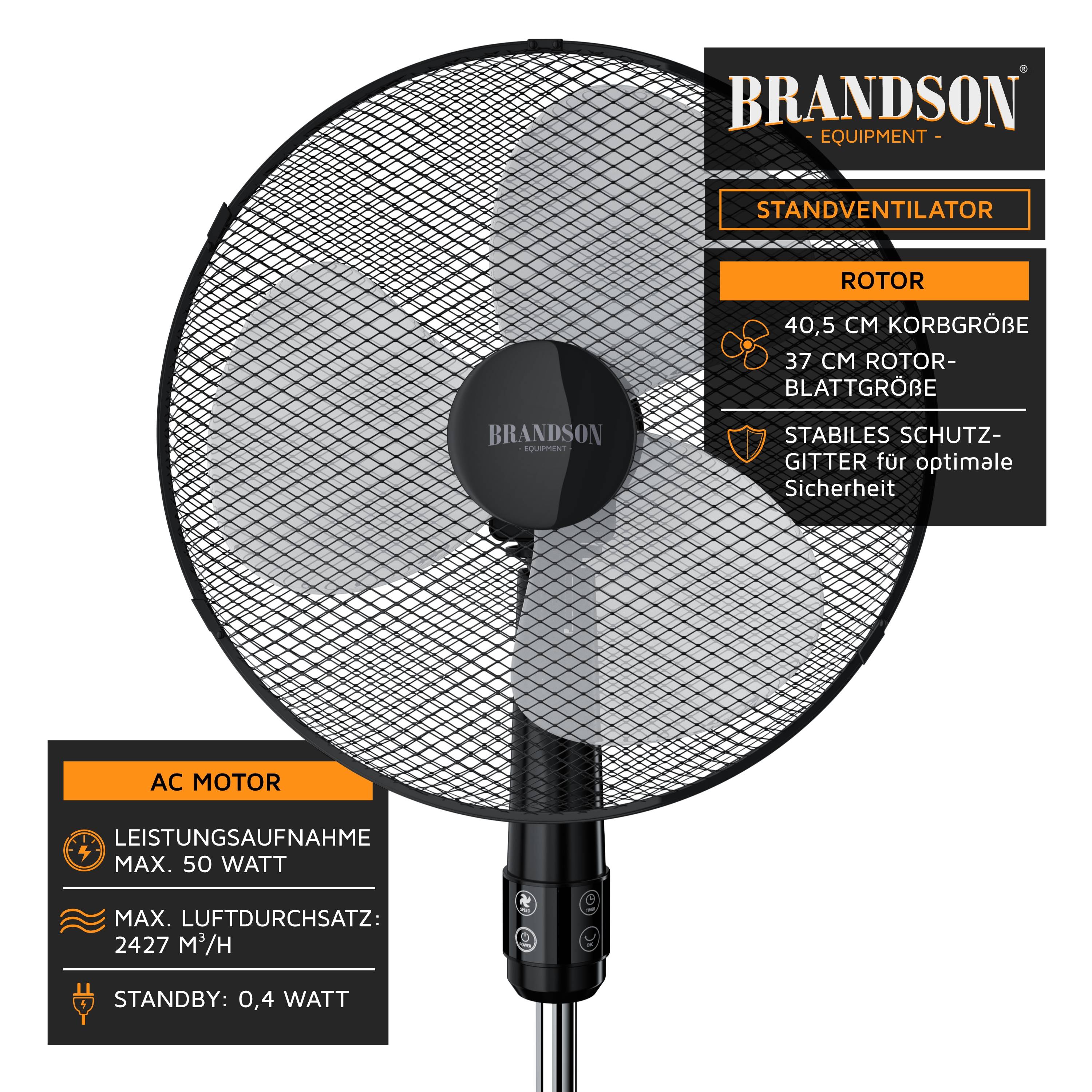 Brandson Standventilator mit Fernbedienung 50W, leise, Ventilator höhenverstellbar, 30° neigbar, Oszillation ca. 90°