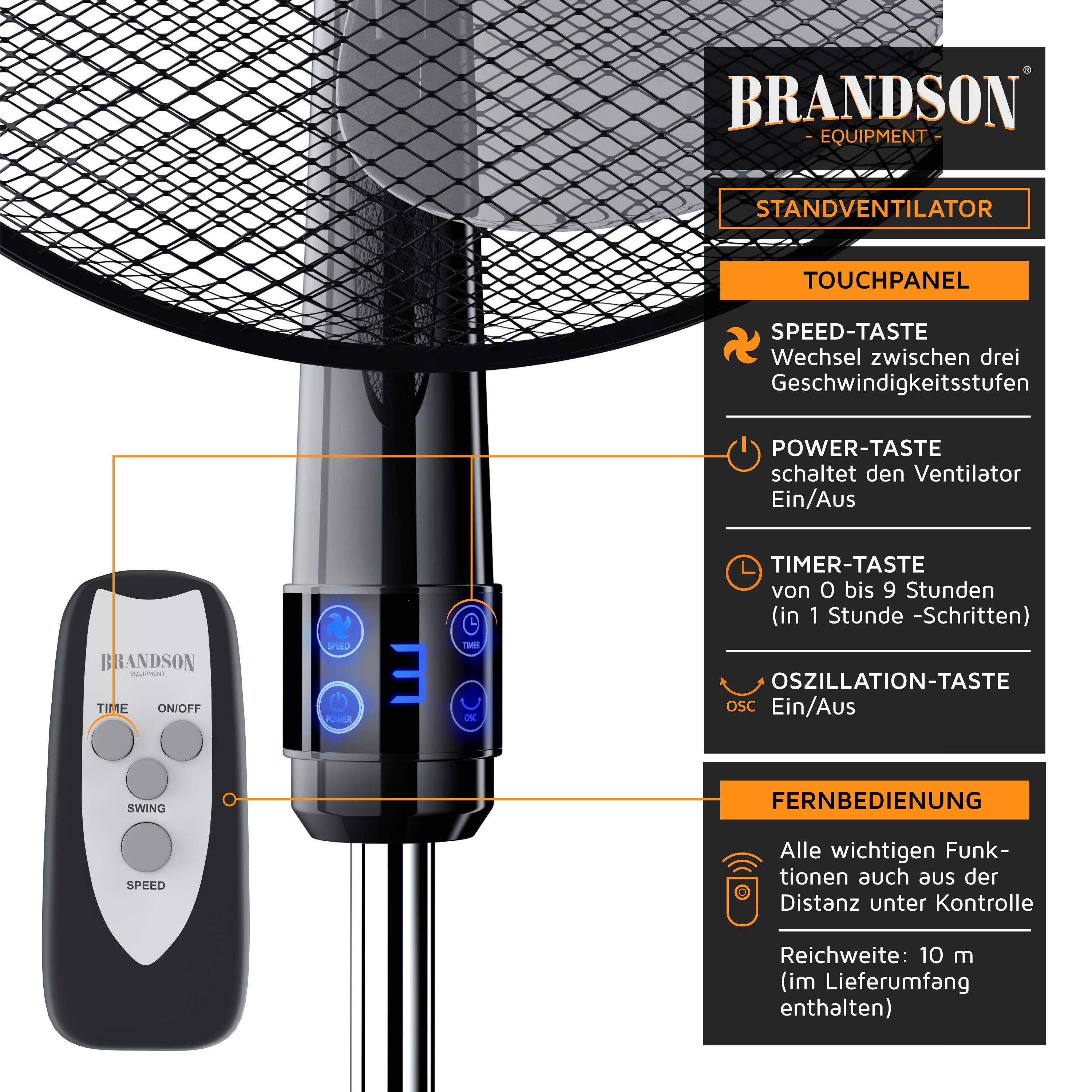 Brandson Standventilator mit Fernbedienung 50W, leise, Ventilator höhenverstellbar, 30° neigbar, Oszillation ca. 90°