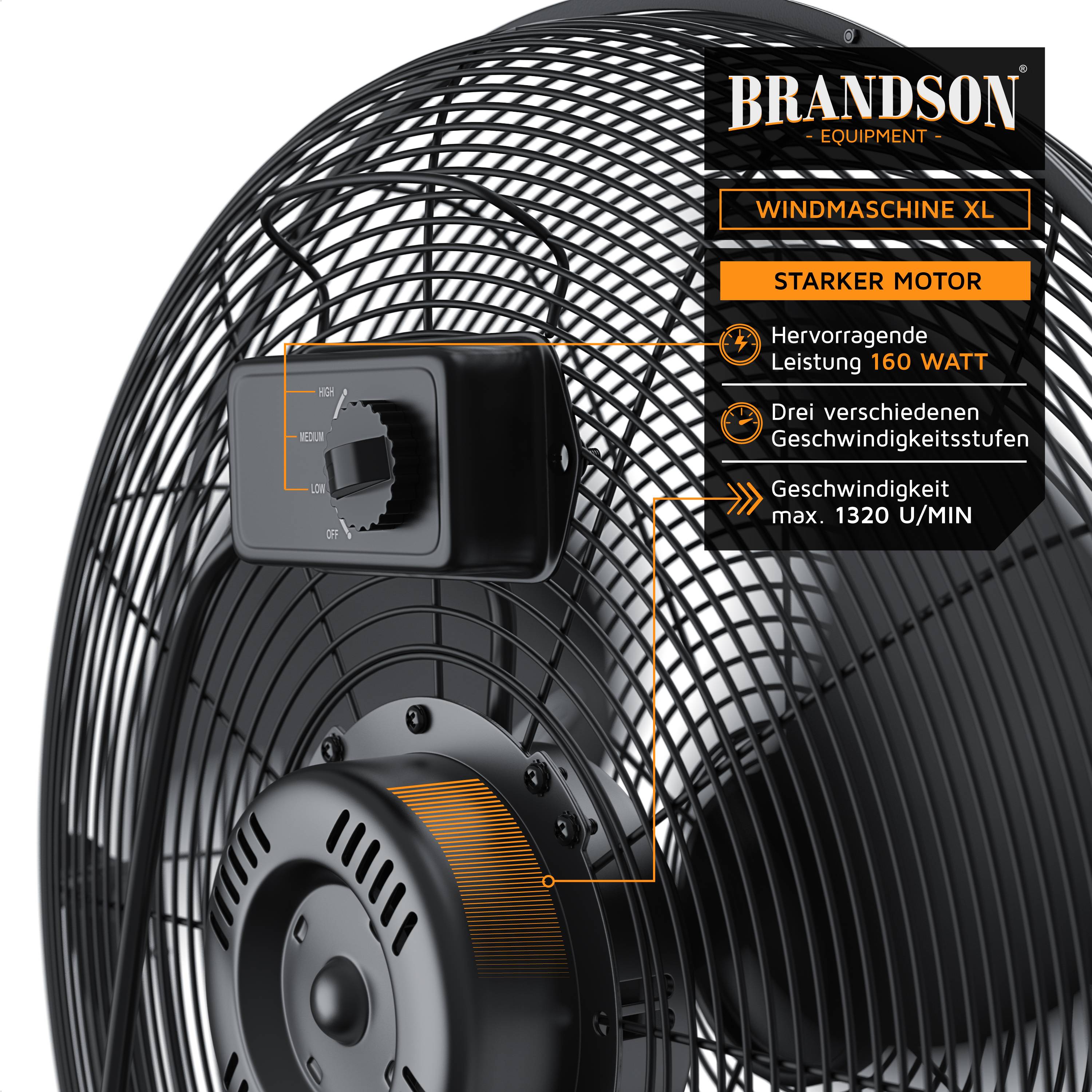 Brandson Windmaschine Retro Stil 160W, Ventilator in Schwarz, Standventilator 50 cm, Bodenventilator, hoher Luftdurchsatz