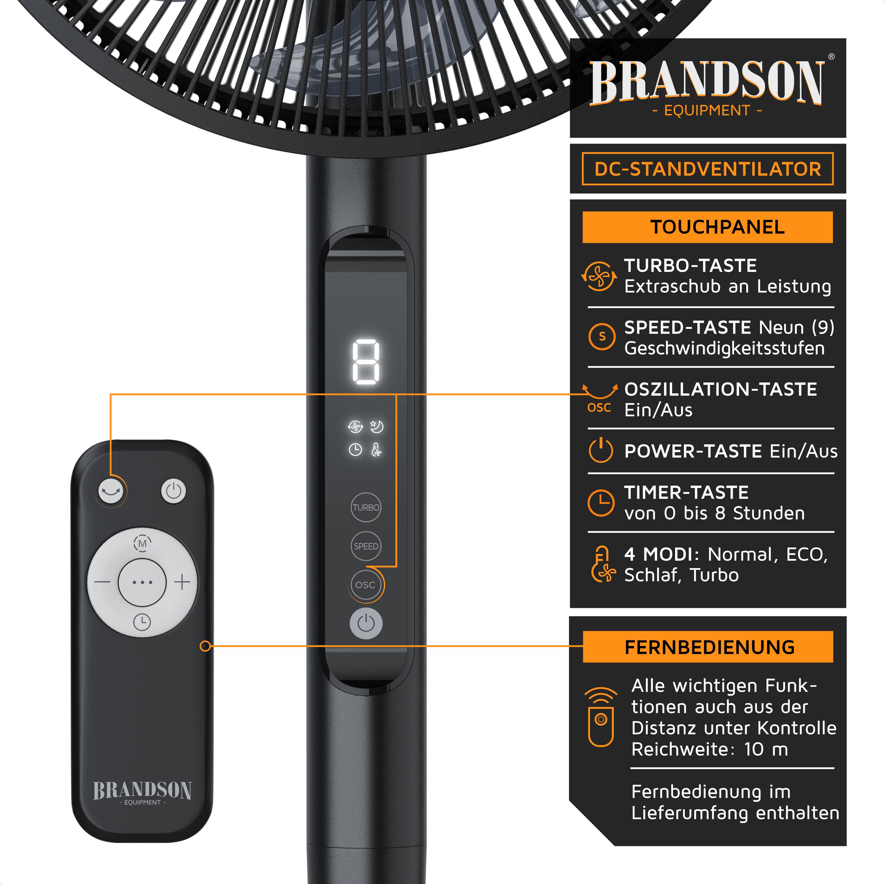 Brandson Standventilator mit DC-Motor, Ventilator mit Fernbedienung, sehr leise, energiesparend, Oszillation, Timer