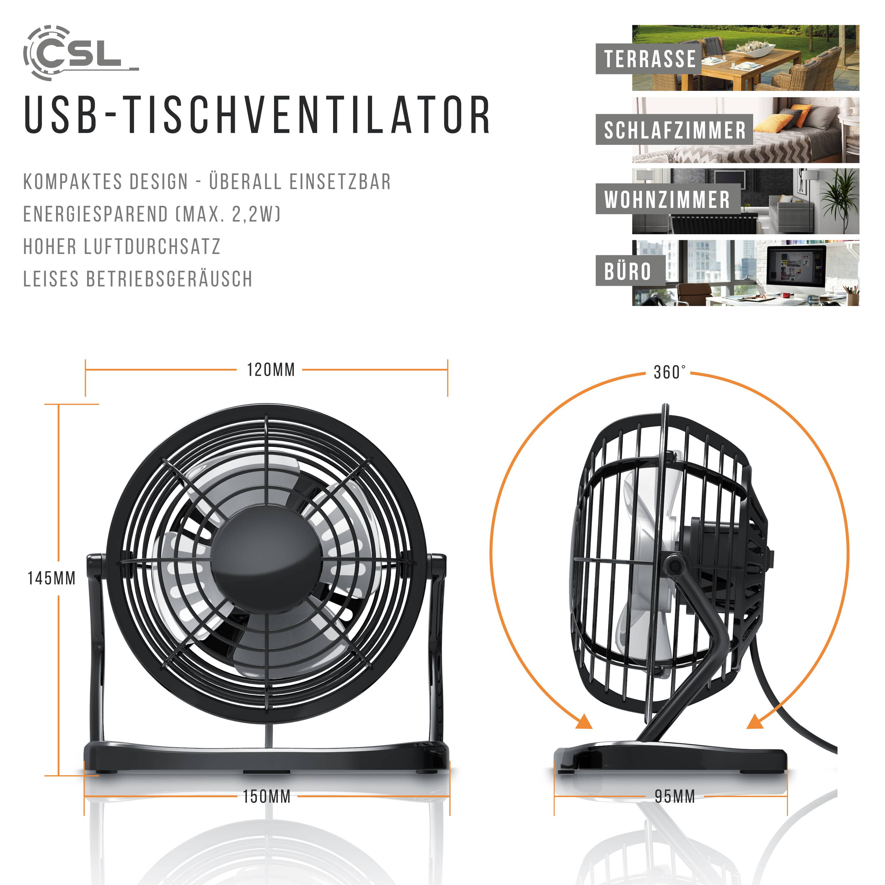 CSL Mini USB-Ventilator Tischventilator, stromsparend, ruhiger Lauf, 360° neigbar