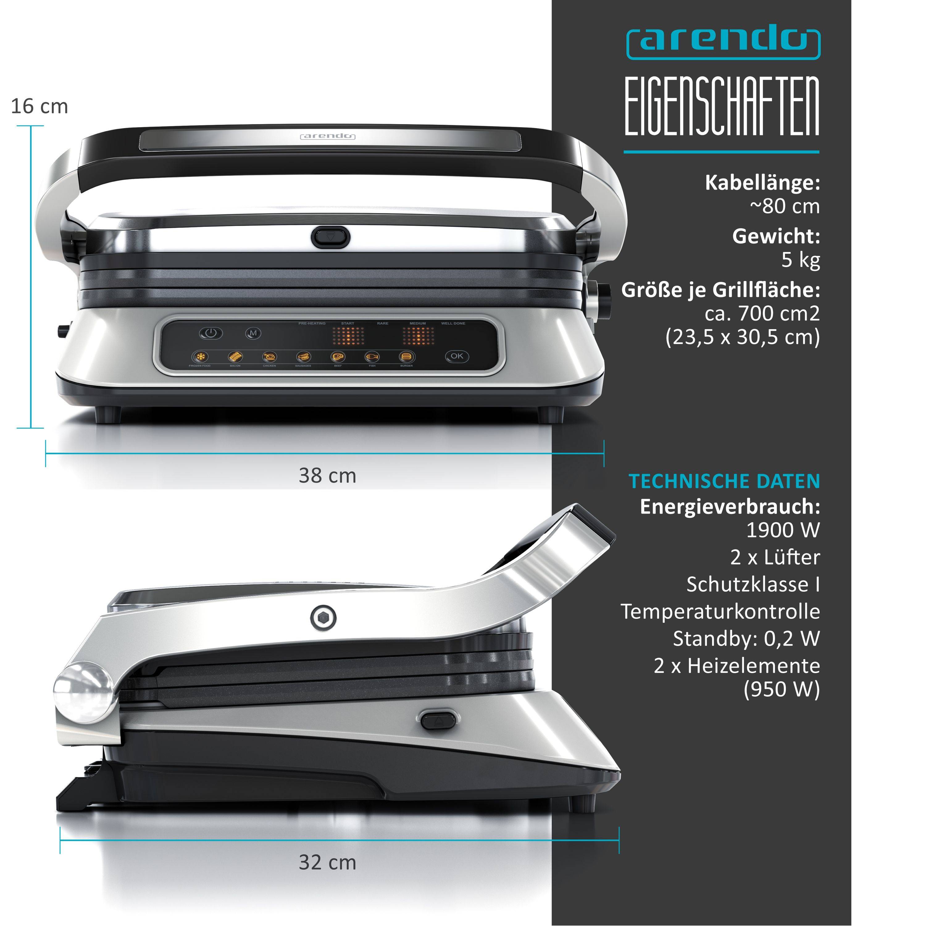 Arendo Kontaktgrill mit Digitalsteuerung - Tischgrill / Sandwichmaker / Panini Grill / Tischgrill