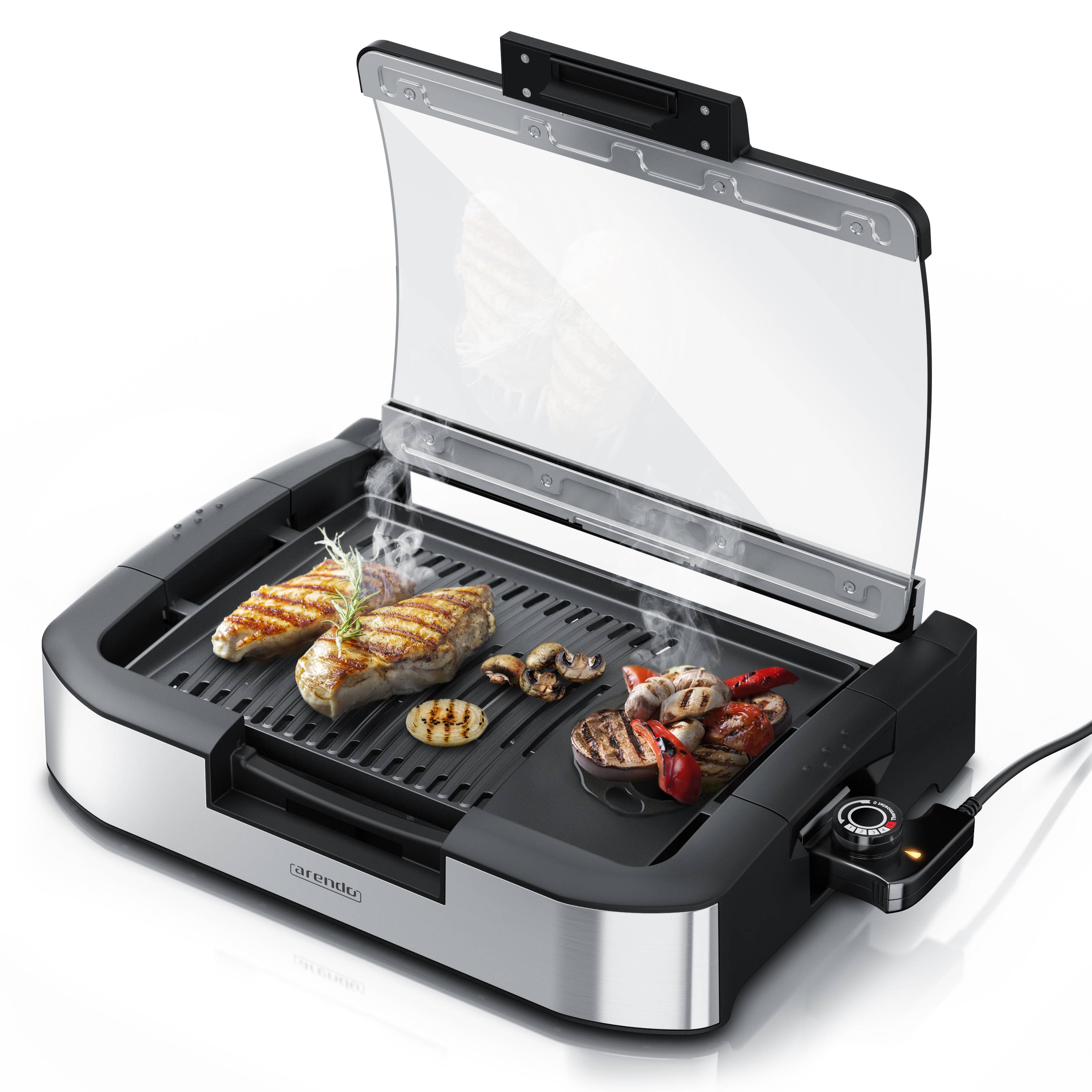 Arendo Gourmet Tischgrill mit Glasabdeckung - Elektrogrill - Barbecue - für Steaks, Würstchen, Fisch, Meeresfrüchte