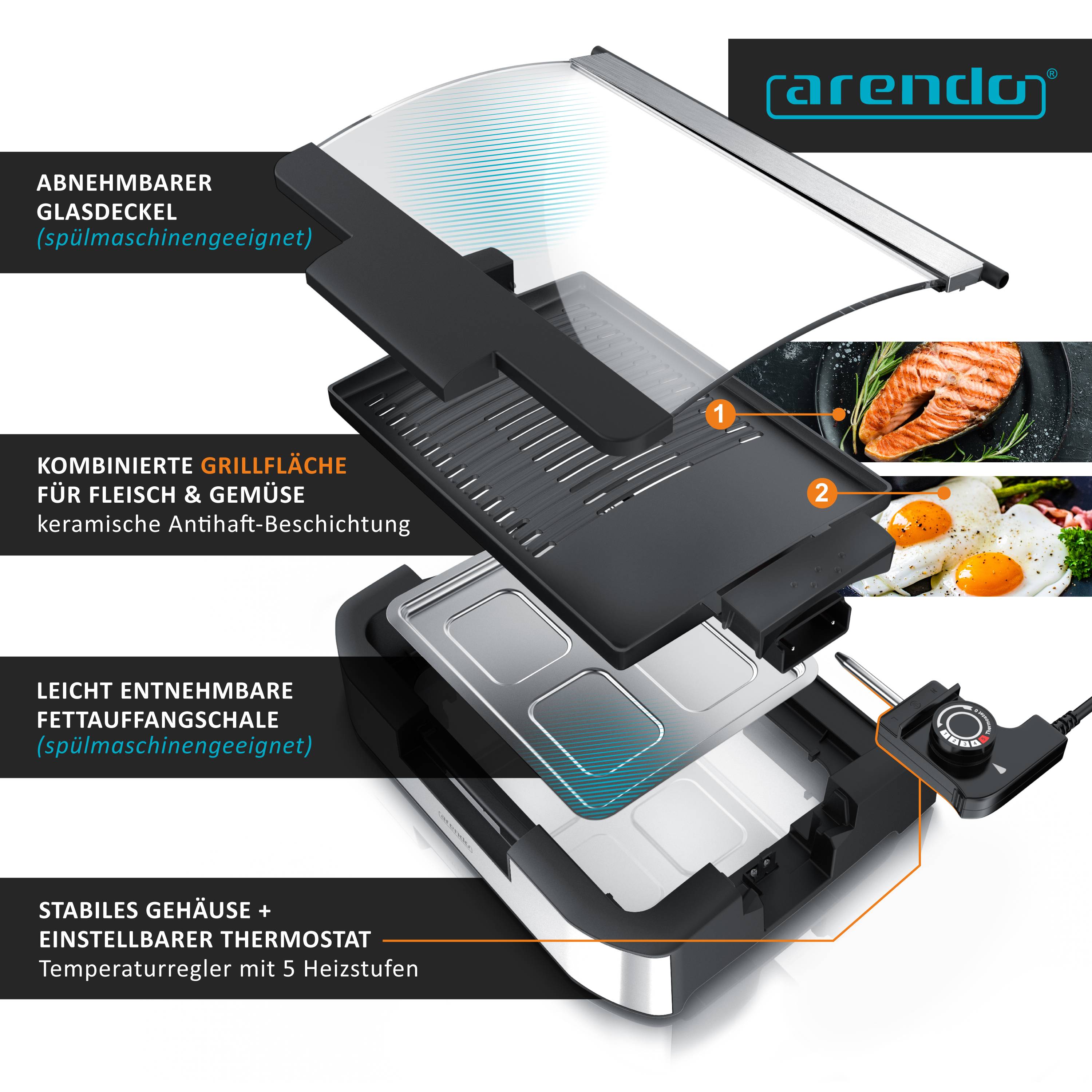 Arendo Gourmet Tischgrill mit Glasabdeckung - Elektrogrill - Barbecue - für Steaks, Würstchen, Fisch, Meeresfrüchte