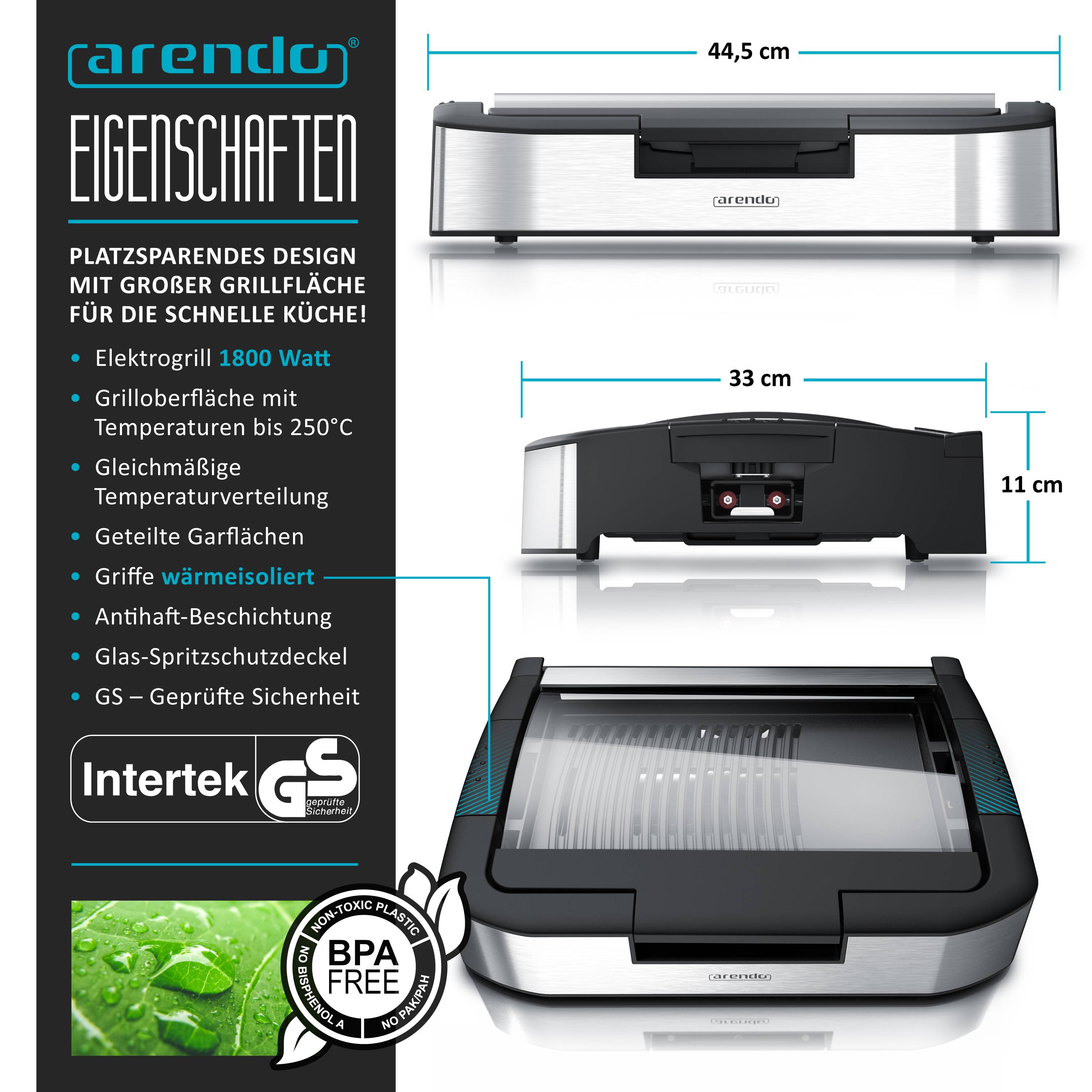 Arendo Gourmet Tischgrill mit Glasabdeckung - Elektrogrill - Barbecue - für Steaks, Würstchen, Fisch, Meeresfrüchte