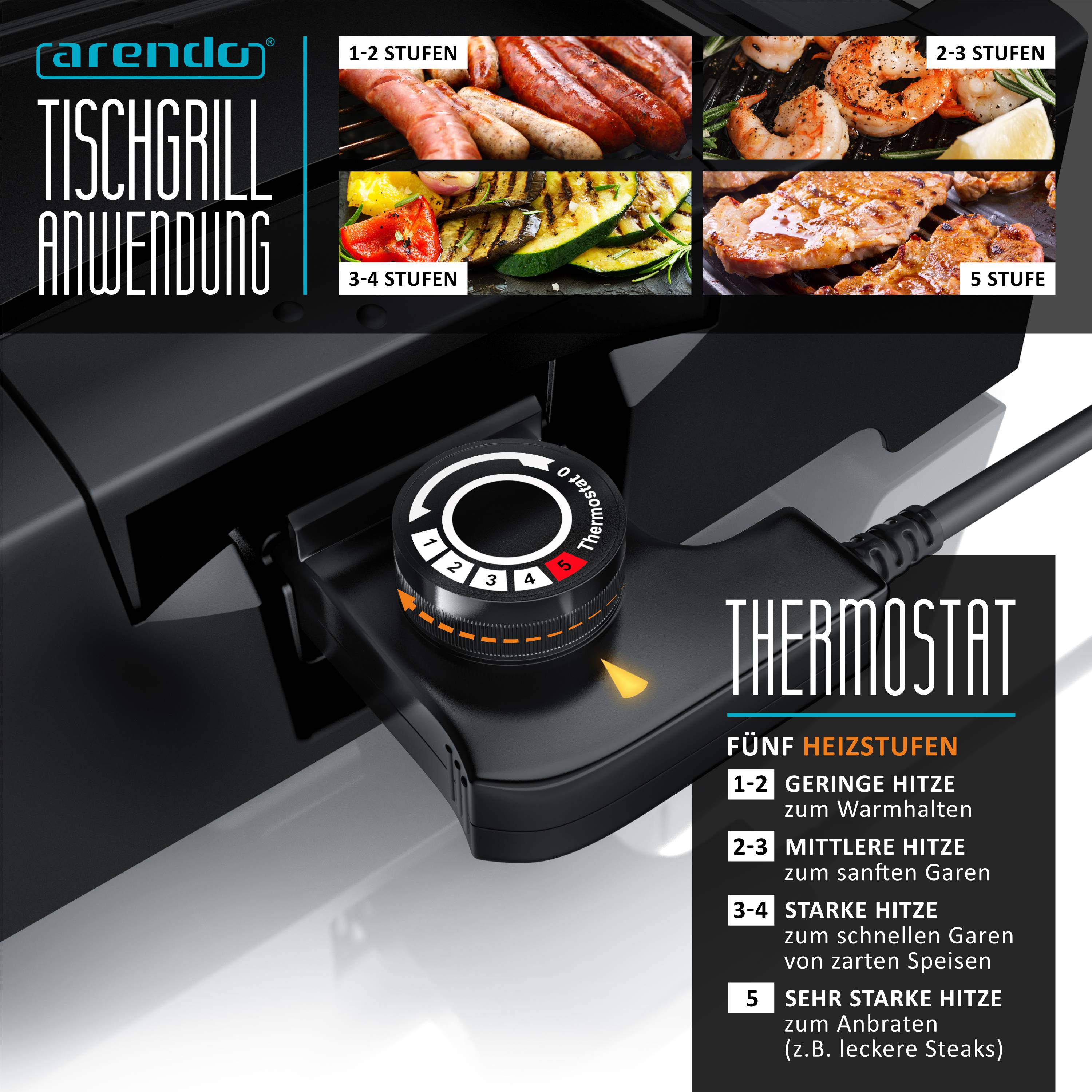 Arendo Gourmet Tischgrill mit Glasabdeckung - Elektrogrill - Barbecue - für Steaks, Würstchen, Fisch, Meeresfrüchte