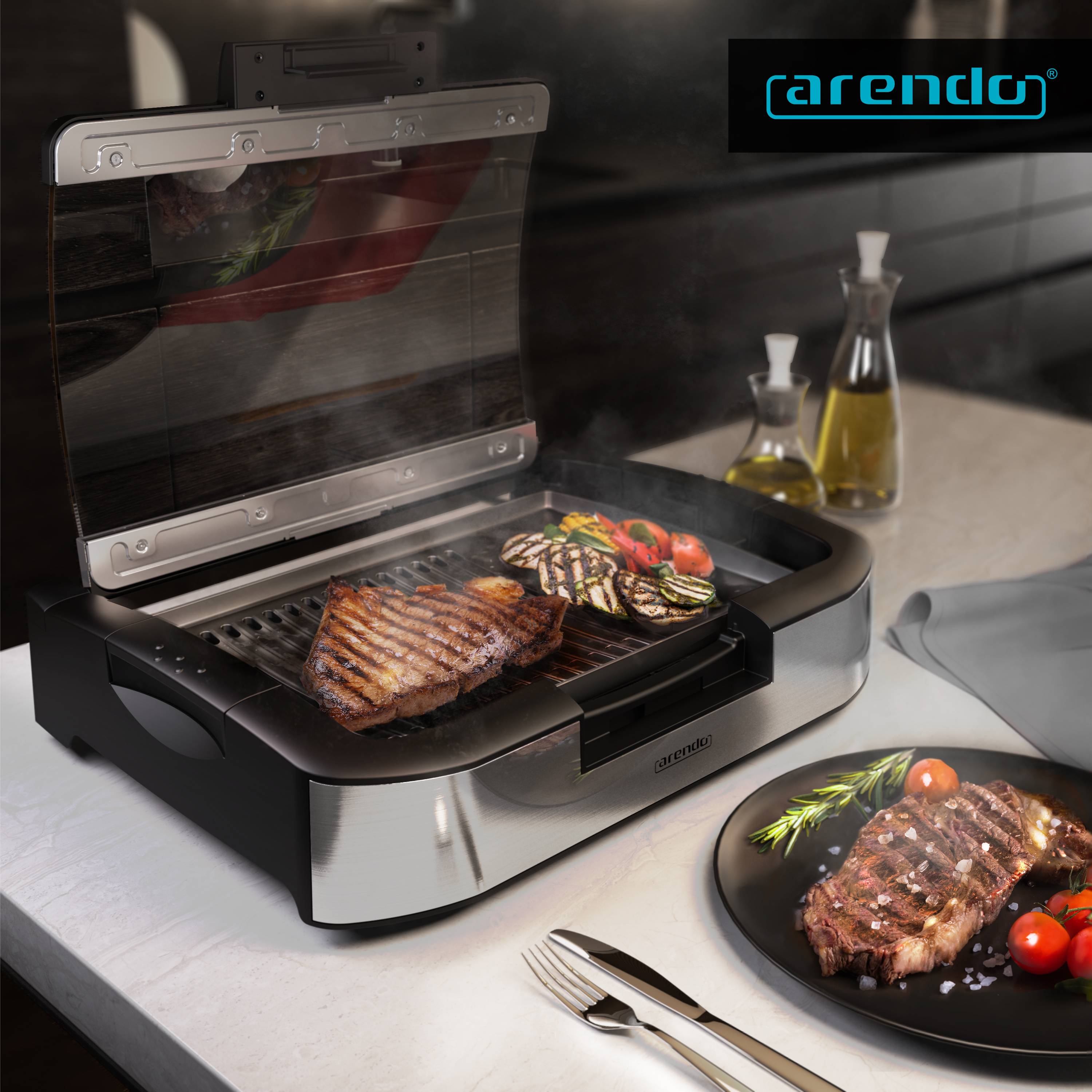 Arendo Gourmet Tischgrill mit Glasabdeckung - Elektrogrill - Barbecue - für Steaks, Würstchen, Fisch, Meeresfrüchte