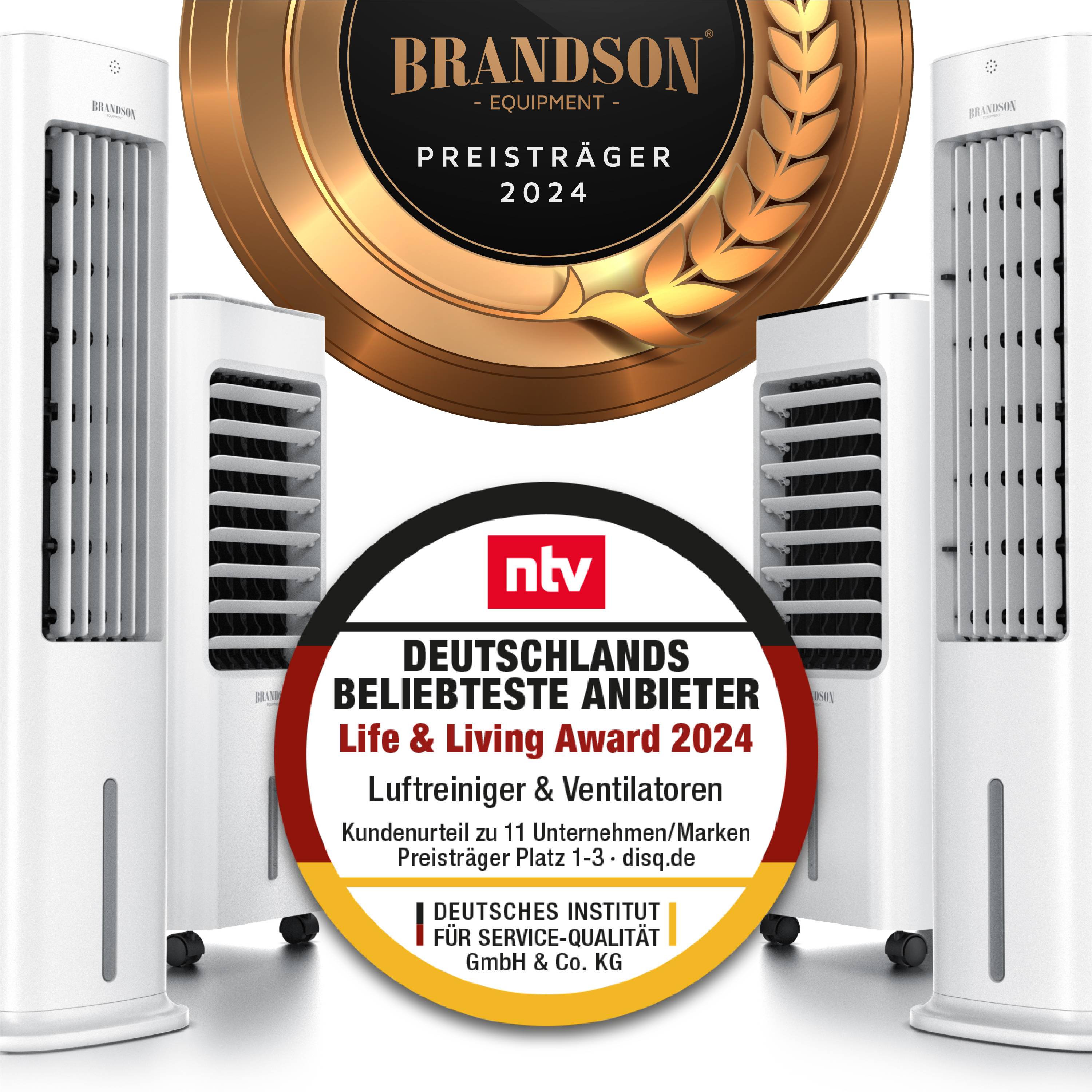 Brandson, Luftkühler mobil, Wasserkühlung, Turmventilator 50 W, Wassertank, Luftbefeuchter Ventilator Standventilator