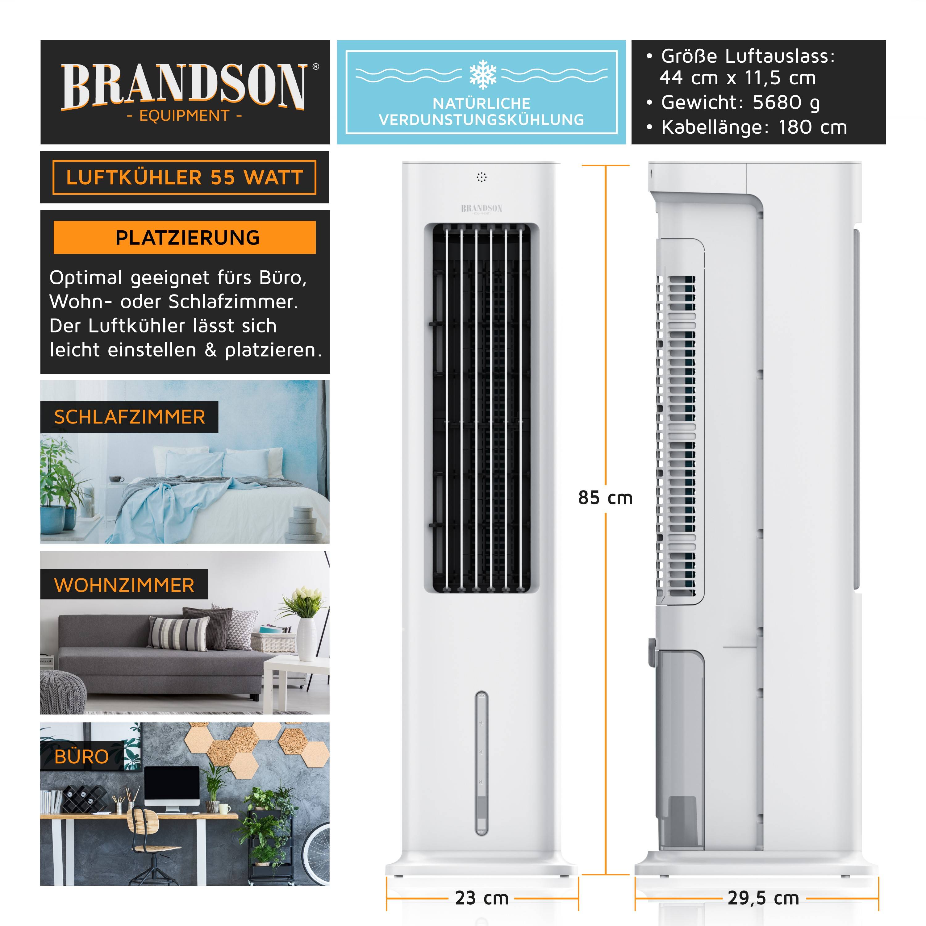 Brandson, Luftkühler mobil mit Wasserkühlung, Luftbefeuchter Ventilator, Turmventilator, leise, 50 W mit 5L Wassertank