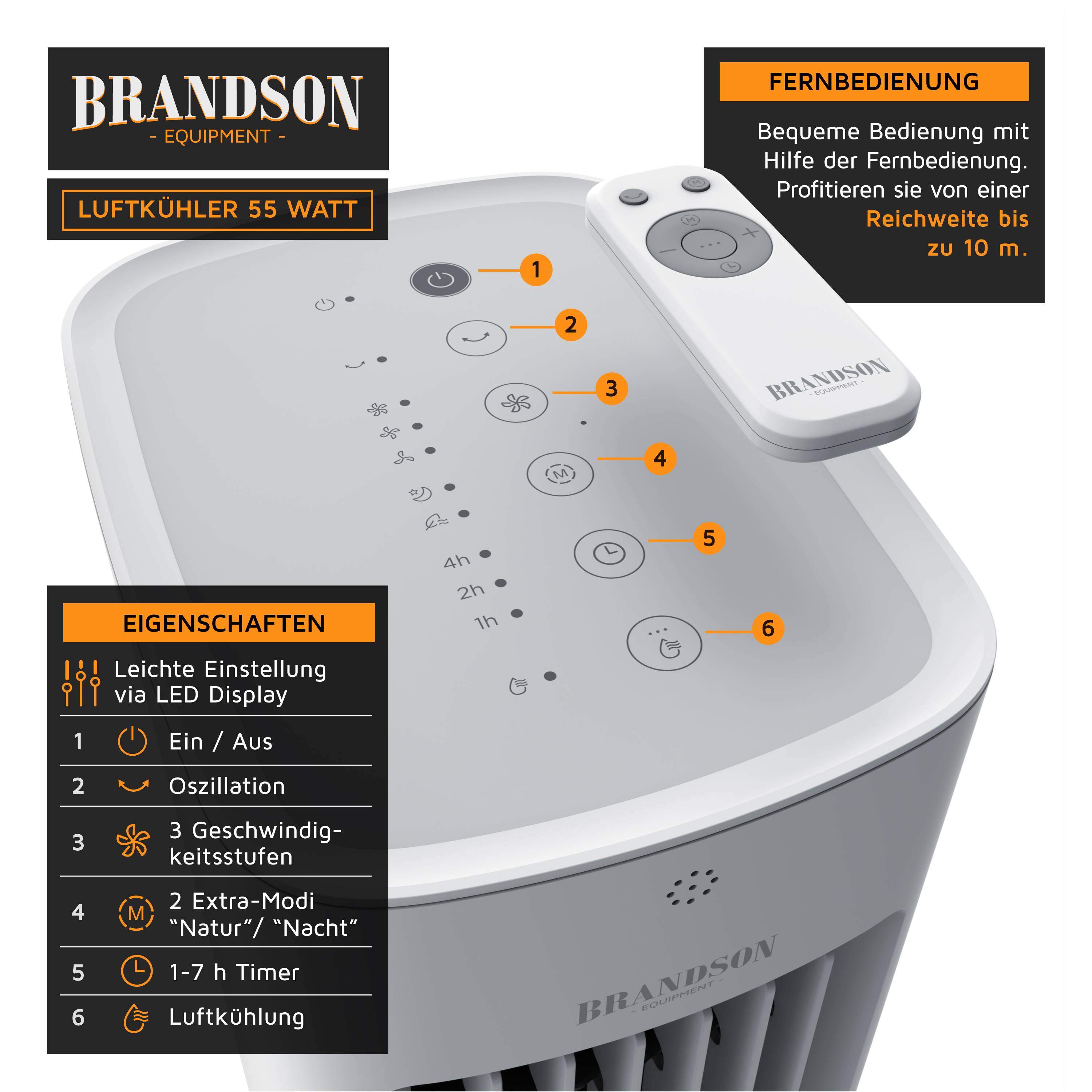 Brandson, Luftkühler mobil mit Wasserkühlung, Luftbefeuchter Ventilator, Turmventilator, leise, 50 W mit 5L Wassertank