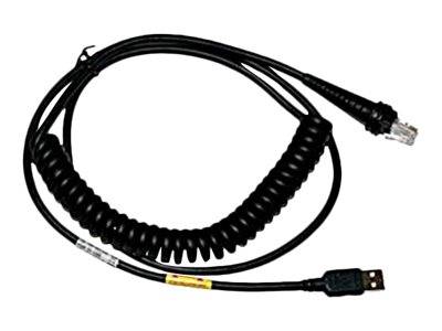 Aufgerolltes schwarzes USB-Kabel mit einem USB-A-Stecker auf einer Seite und einem RJ45-ähnlichen Stecker auf der anderen Seite.