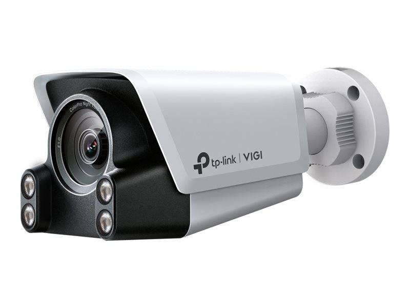Weiße TP-Link VIGI Bullet-Sicherheitskamera mit schwarzer Frontlinse und Infrarot-LEDs, dargestellt auf weißem Hintergrund.