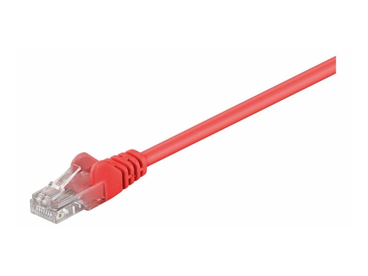 Ein rotes Ethernet-Kabel mit einem transparenten Netzwerkstecker, verwendet für Internet- oder Netzwerkverbindungen.
