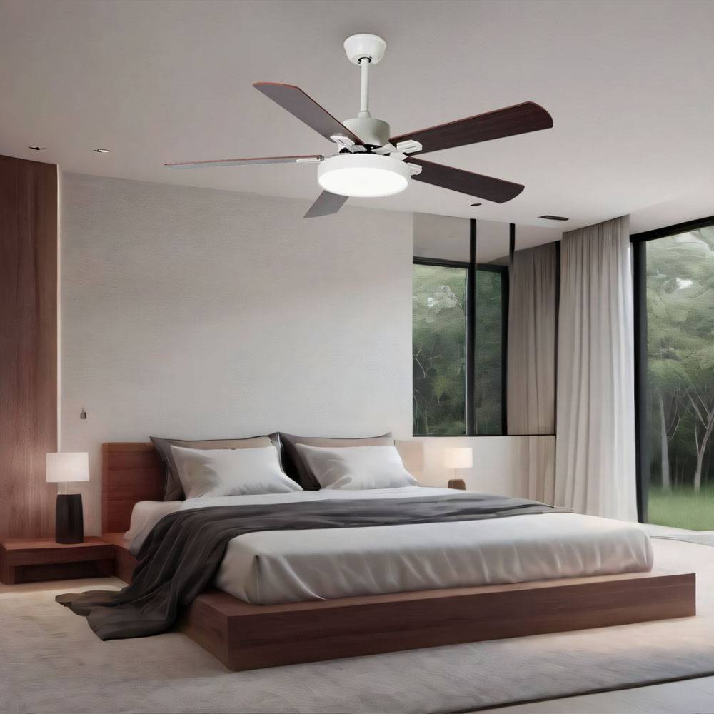 Deckenleuchte Deckenventilator Raumlüfter Kühler Wohnzimmerlampe, Eisen Acryl Sperrholz weiß braun, Fernbedienung 5 Stufen CCT, 1x LED 1750Lm 3000K