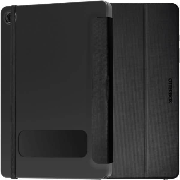 Schwarze OtterBox-Tablet-Schutzhülle mit strukturiertem Folio-Cover und eingebautem Handgriff, geschlossen vor weißem Hintergrund dargestellt.