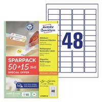 Eine Packung Avery Zweckform Sparpack 50+15 Etiketten, neben einem Vorlagengitter mit der Bezeichnung „48