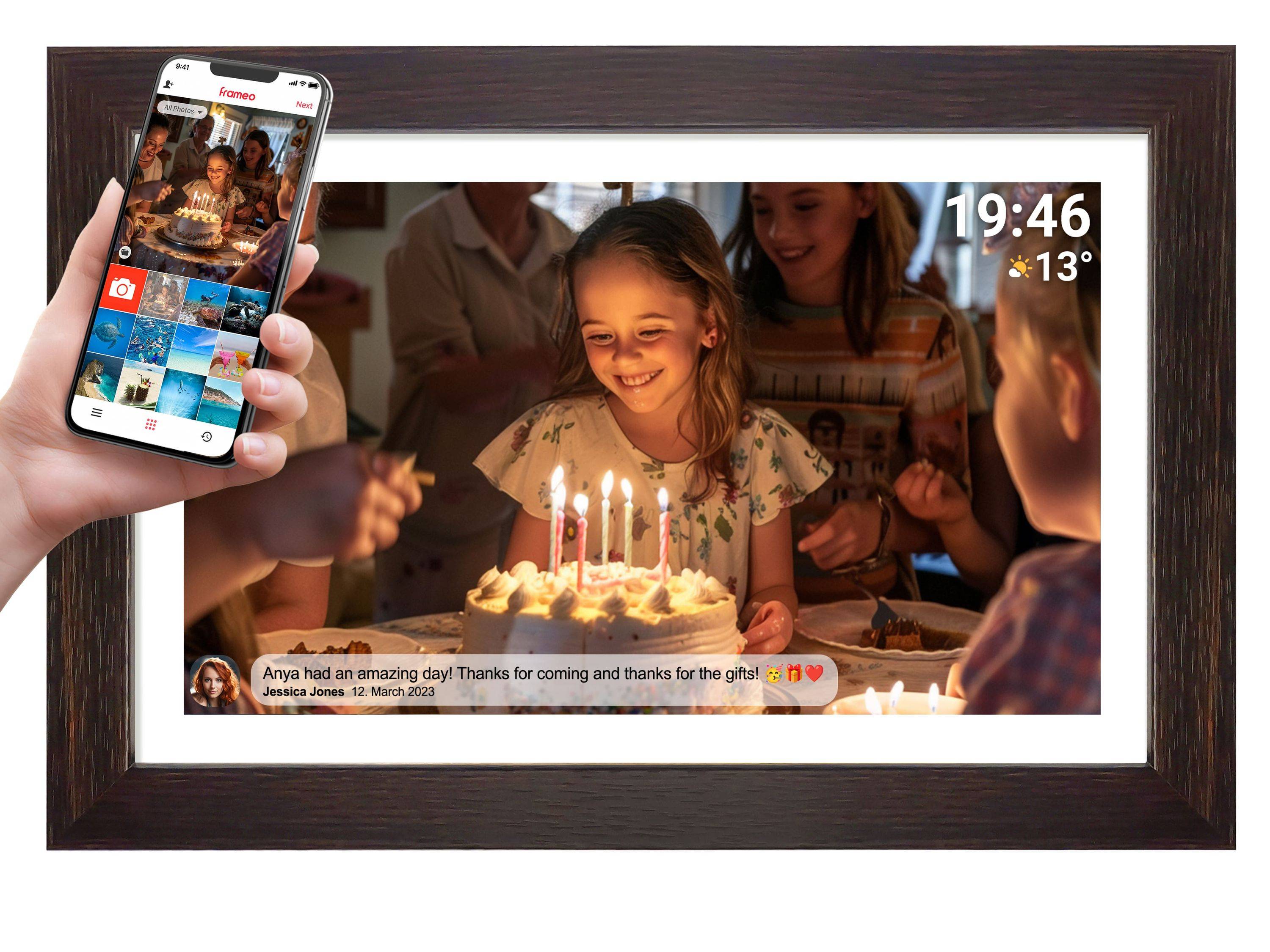 Denver PFF-1543DW, Digitaler Bilderrahmen, 15,6" Full HD IPS Touchscreen, Wi-Fi, 16GB Speicher, Holz dunkel, vorinstallierte FRAMEO Software     