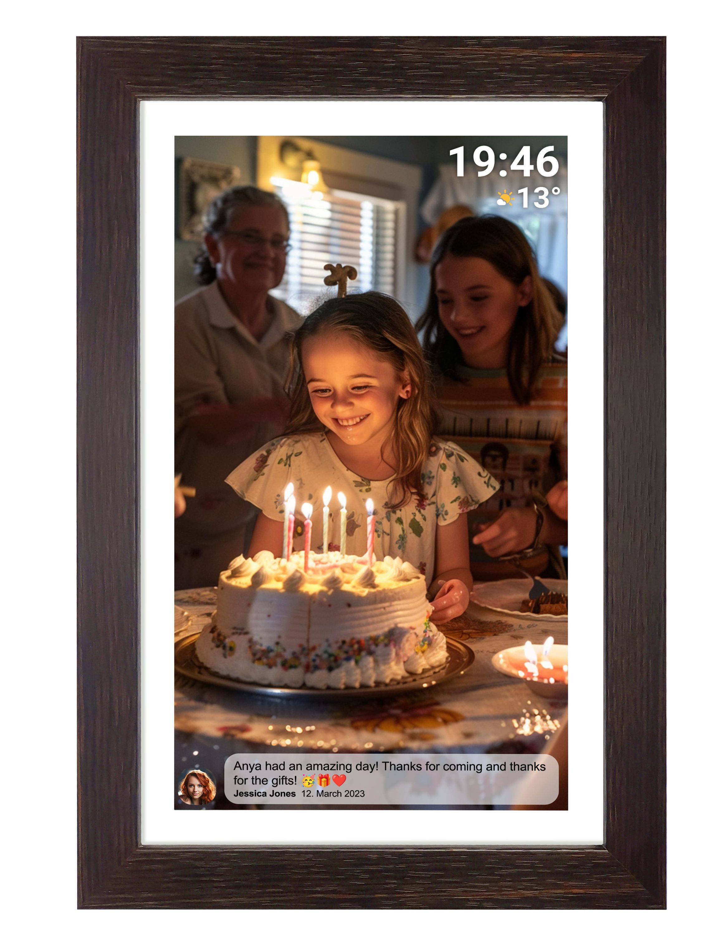 Denver PFF-1543DW, Digitaler Bilderrahmen, 15,6" Full HD IPS Touchscreen, Wi-Fi, 16GB Speicher, Holz dunkel, vorinstallierte FRAMEO Software     