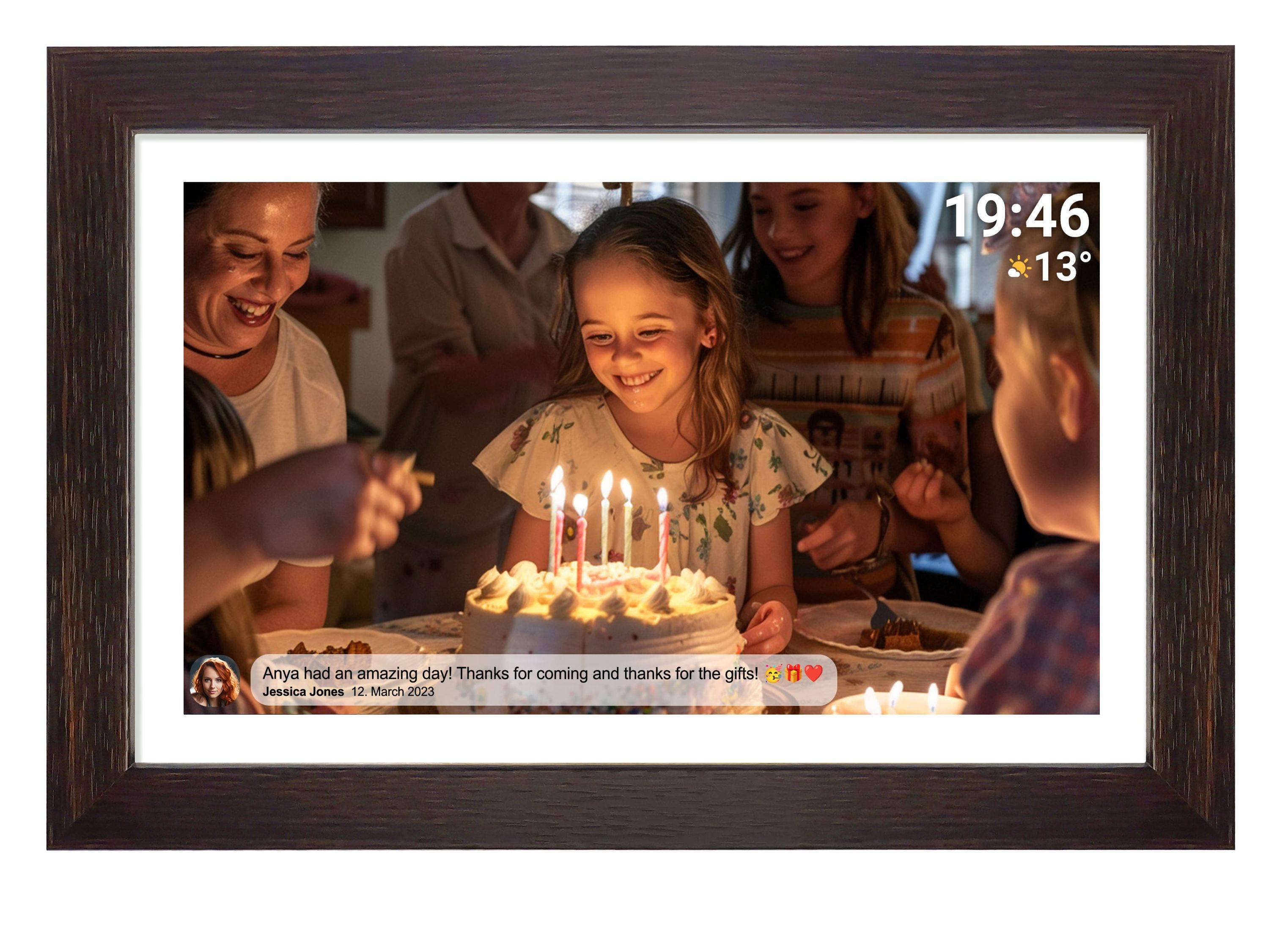 Denver PFF-1543DW, Digitaler Bilderrahmen, 15,6" Full HD IPS Touchscreen, Wi-Fi, 16GB Speicher, Holz dunkel, vorinstallierte FRAMEO Software     