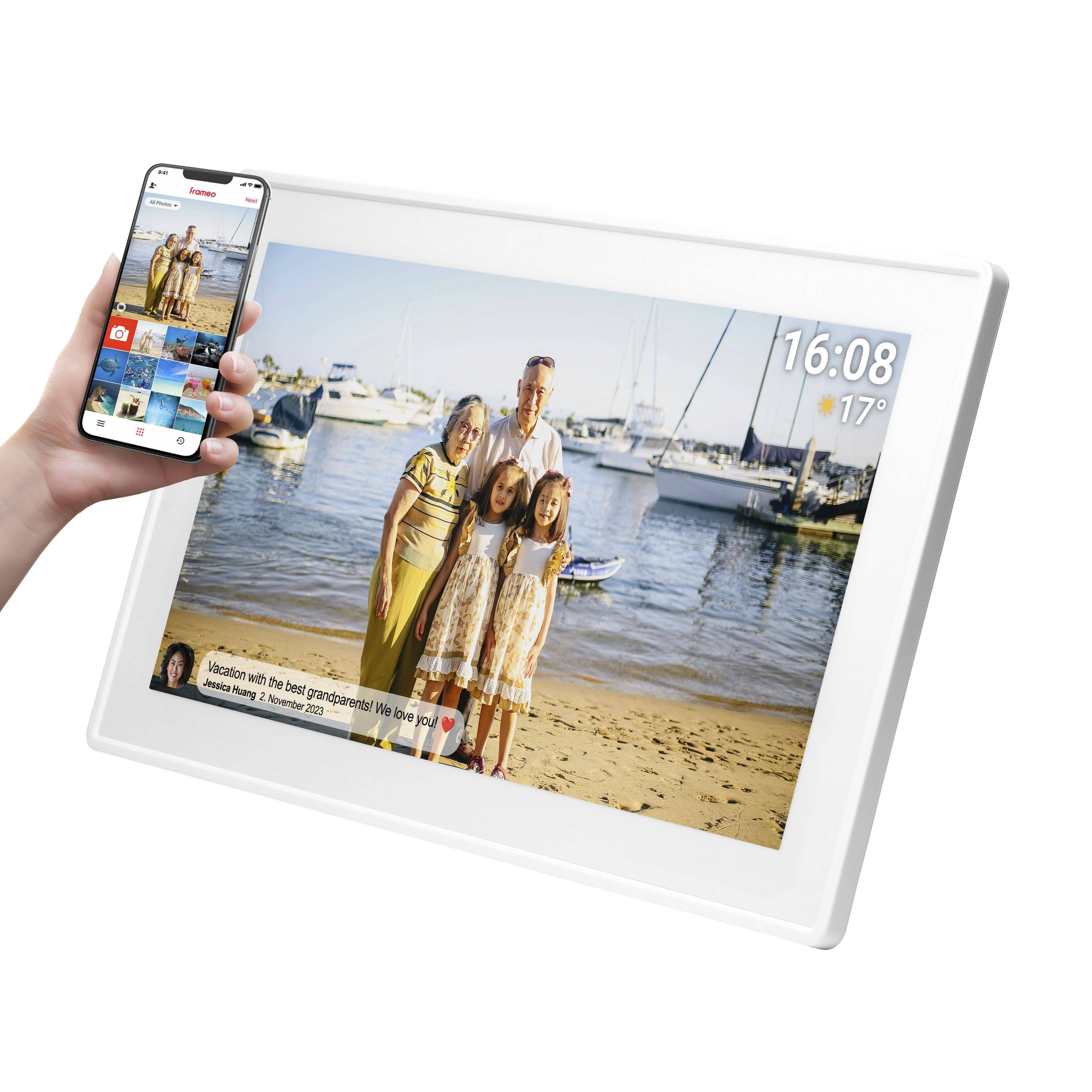 Denver PFF-1515W Weiß - 15,6" Fotorahmen mit IPS-Touchscreen, WLAN, 16 GB Speicher, MicroSD, FRAMEO, Wi-Fi