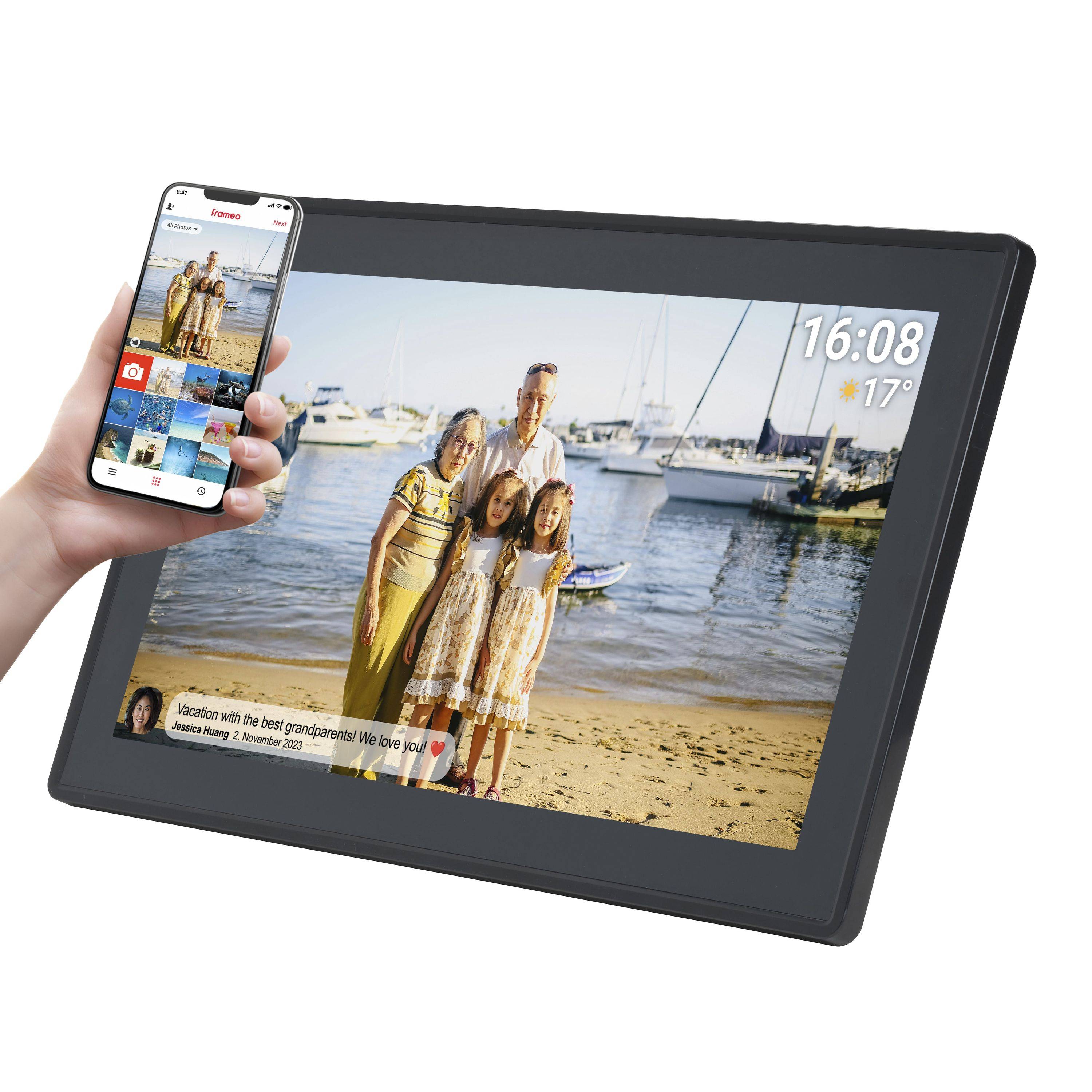 Denver PFF-1515B Schwarz - 15,6" Fotorahmen mit IPS-Touchscreen, WLAN, 16 GB Speicher, MicroSD, FRAMEO, Wi-Fi