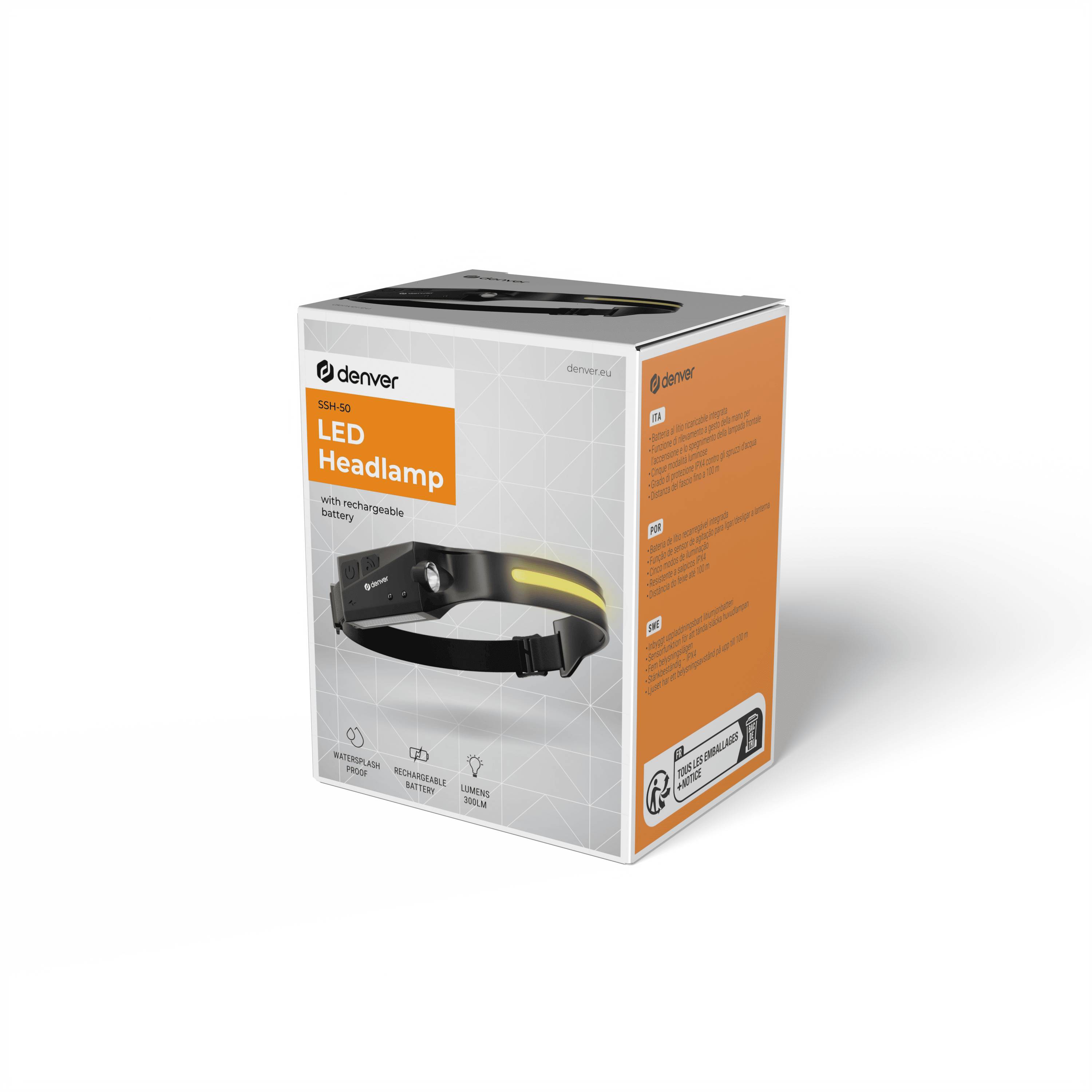 Denver SSH-50 Stirnlampe mit 300lm COB- und XPE-LED-Licht, Bewegungswellen-Sensor, 5 Lichtmodi, IPX4 spritzwassergeschützt, 1200mAh