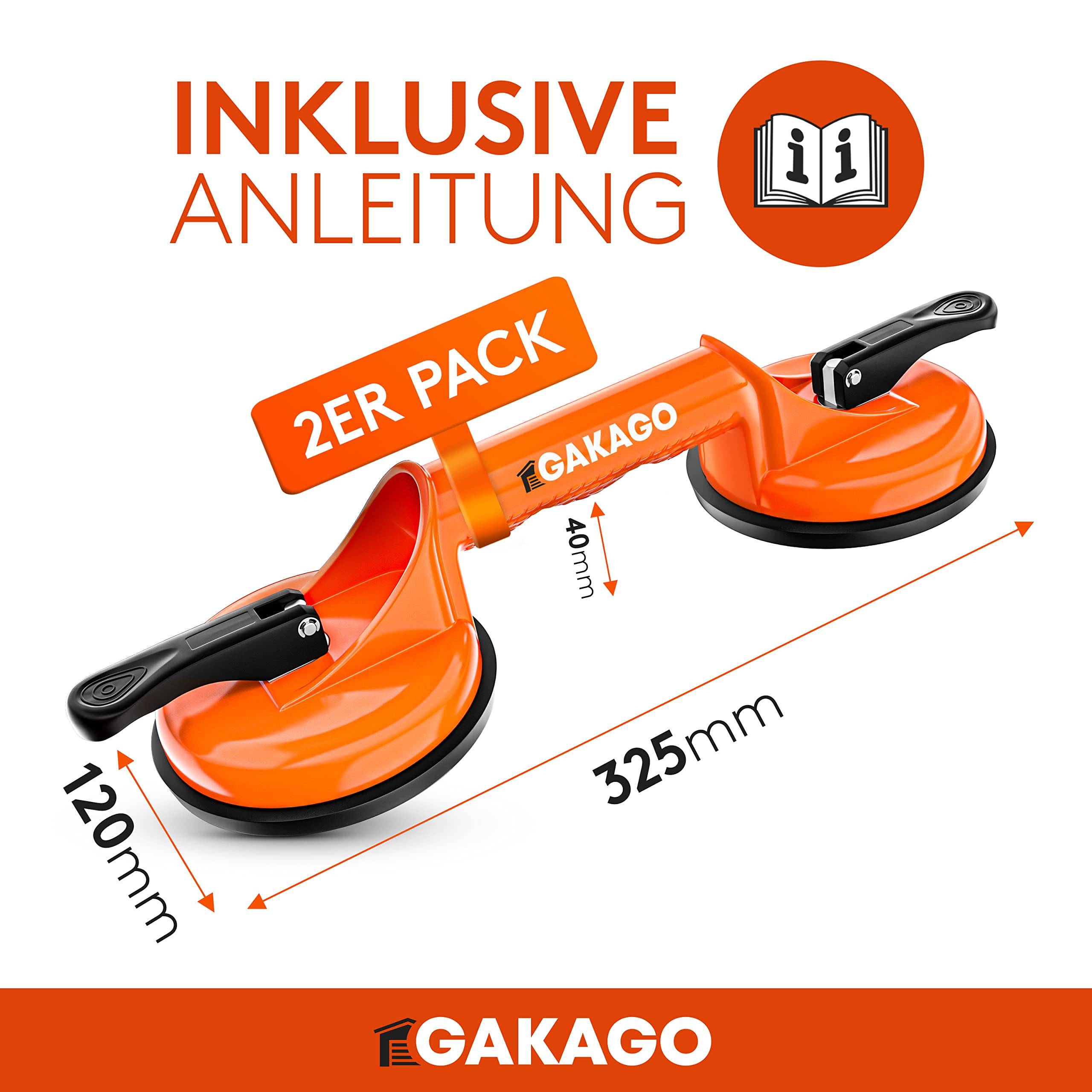 Gakago Saugheber (2er Pack) - Ergonomische & rutschfeste Sauggriffe - 100kg tragfähiger Vakuumheber für den Transport von Fliesen, Laminat, Scheiben