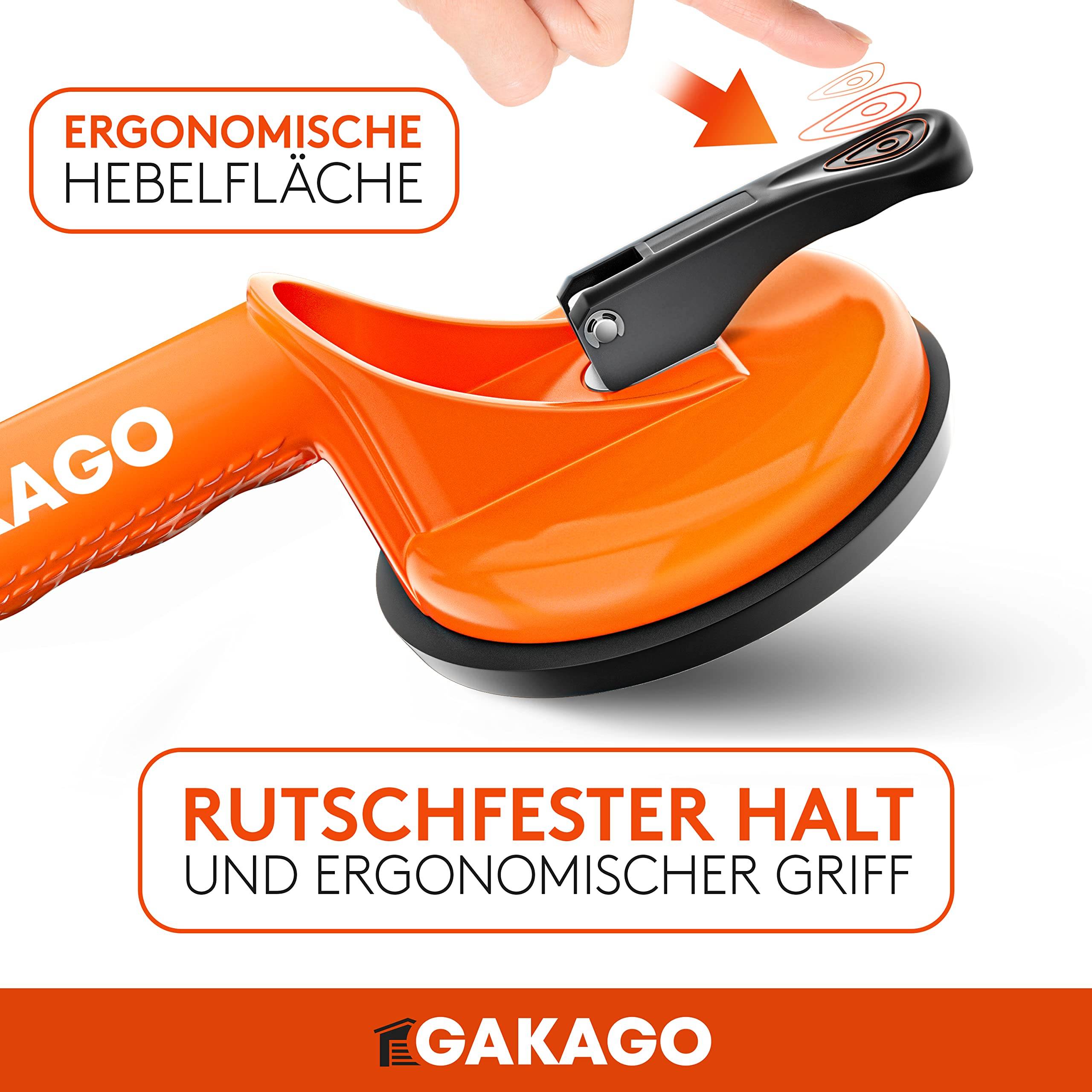 Gakago Saugheber (2er Pack) - Ergonomische & rutschfeste Sauggriffe - 100kg tragfähiger Vakuumheber für den Transport von Fliesen, Laminat, Scheiben