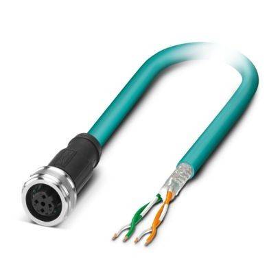 Ein türkisfarbenes Industriekabel mit einem kreisförmigen Stecker an einem Ende und freiliegenden Drähten am anderen Ende.