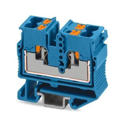 Ein blauer modularer Klemmleistenblock mit Metallleiterverbindungen, der für die Elektroverkabelung verwendet wird.