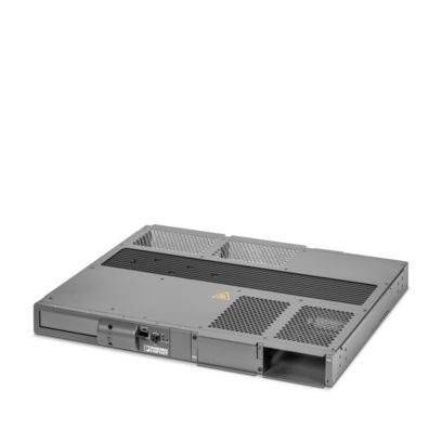 Ein flaches, rechteckiges elektronisches Gerät mit Belüftungsöffnungen und Anschlüssen, das einem Netzwerk-Server oder einer Datenspeichereinheit ähnelt, vor einem einfachen Hintergrund.