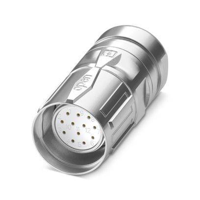 Ein metallischer Stecker mit mehreren Stiften, auf der Seite mit „offen