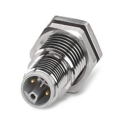 Ein metallischer zylindrischer Stecker mit Gewinde, mit drei Stiften im Inneren, entwickelt für Industrie- oder Elektronikgeräteverbindungen.