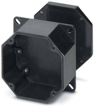 Eine schwarze, achteckige elektrische Verteilerdose mit Befestigungslöchern wird gezeigt, die zur Aufnahme von Kabelverbindungen in Gebäudeinstallationen verwendet wird.