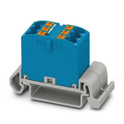Ein blauer elektrischer Stecker mit orangefarbenen Komponenten ist auf einer grauen Basis montiert und eignet sich für die Panelmontage oder zur Verwendung in einem elektronischen Gerät.