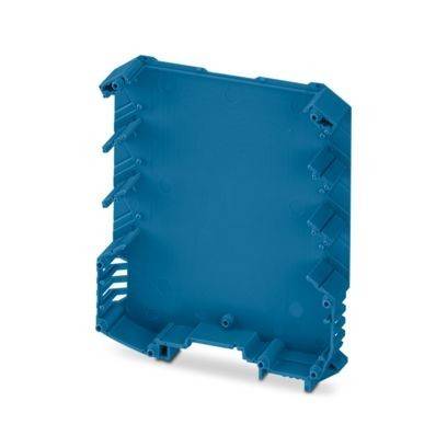 Ein blaues Kunststoffgehäuse für Elektronik mit mehreren Befestigungsklammern und Belüftungsschlitzen, entwickelt zur Unterbringung von Schaltungskomponenten.