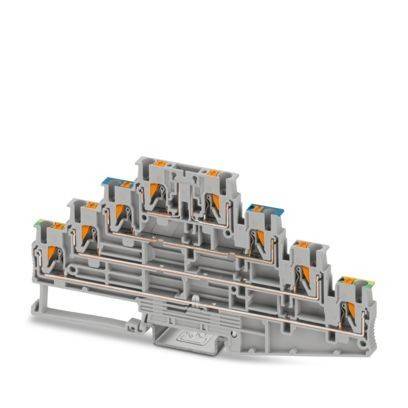 Ein grauer, mehrstufiger Klemmleistenblock mit orange- und blauen Hebeln für Verdrahtungsverbindungen, typischerweise in elektrischen Schalttafeln verwendet.