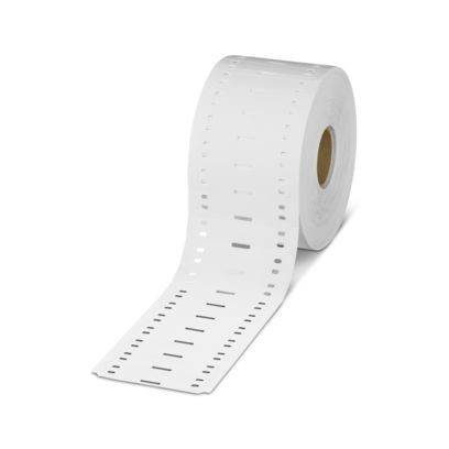 Eine Rolle aus perforierten, endlosen Druckerpapieren, das nach vorne abrollt und gleichmäßig verteilte Löcher auf jeder Seite zum Zuführen in einen Drucker zeigt.